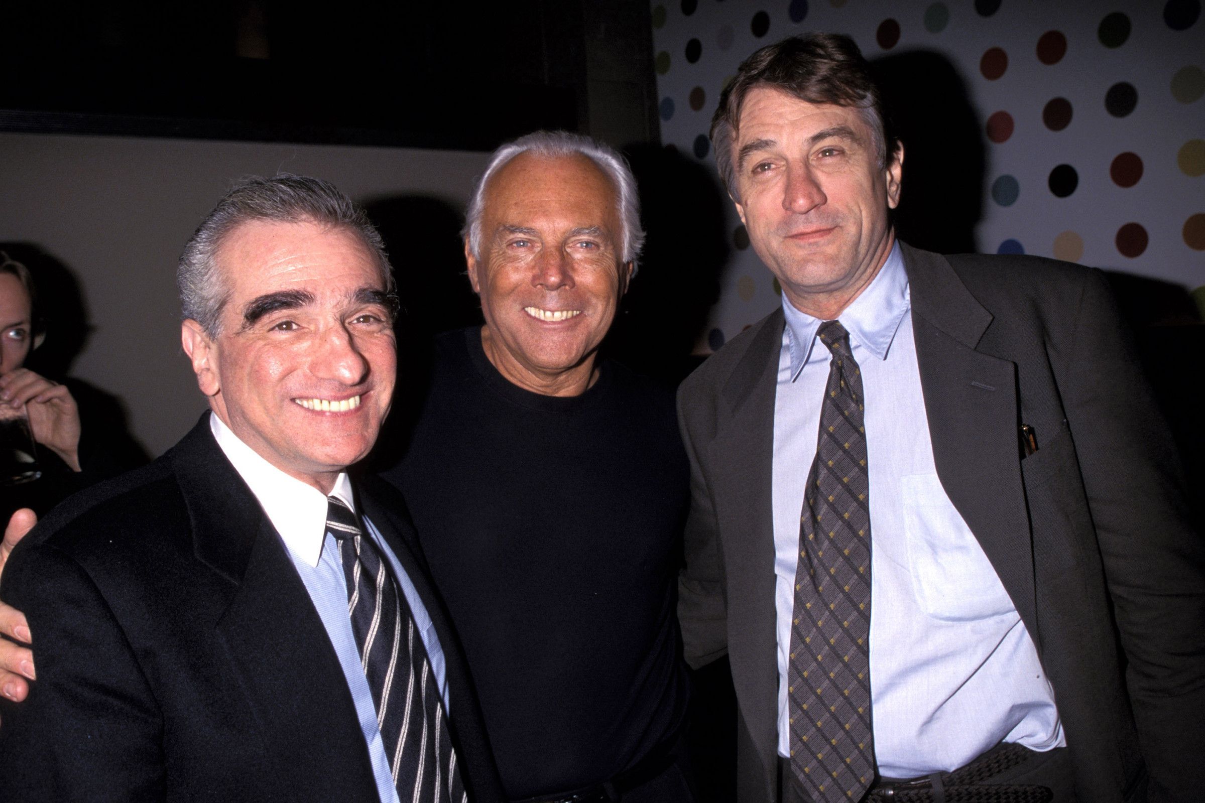 Martin scorsese, Giorgio Armani, and Robert De Niro in 1990