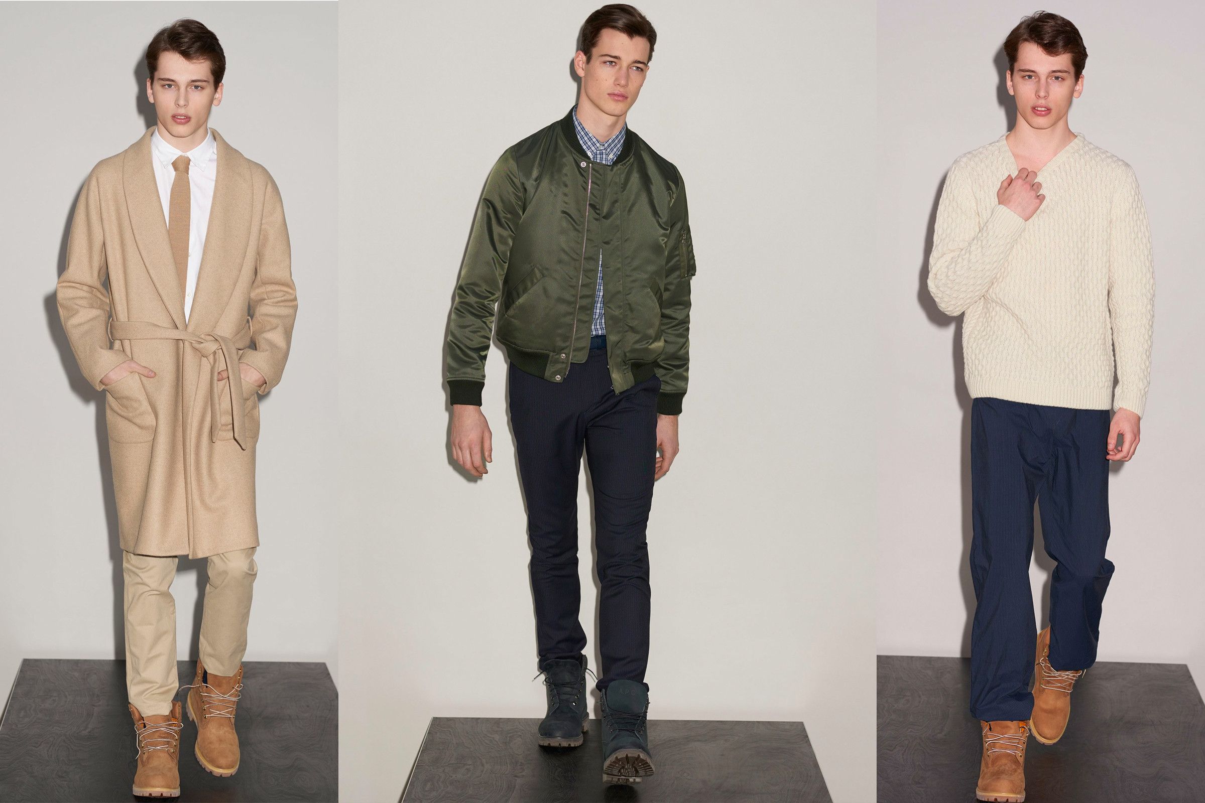 Looks from A.P.C.'s controversial Fall/Winter 2015 collection, including the unproduced Timberland boots