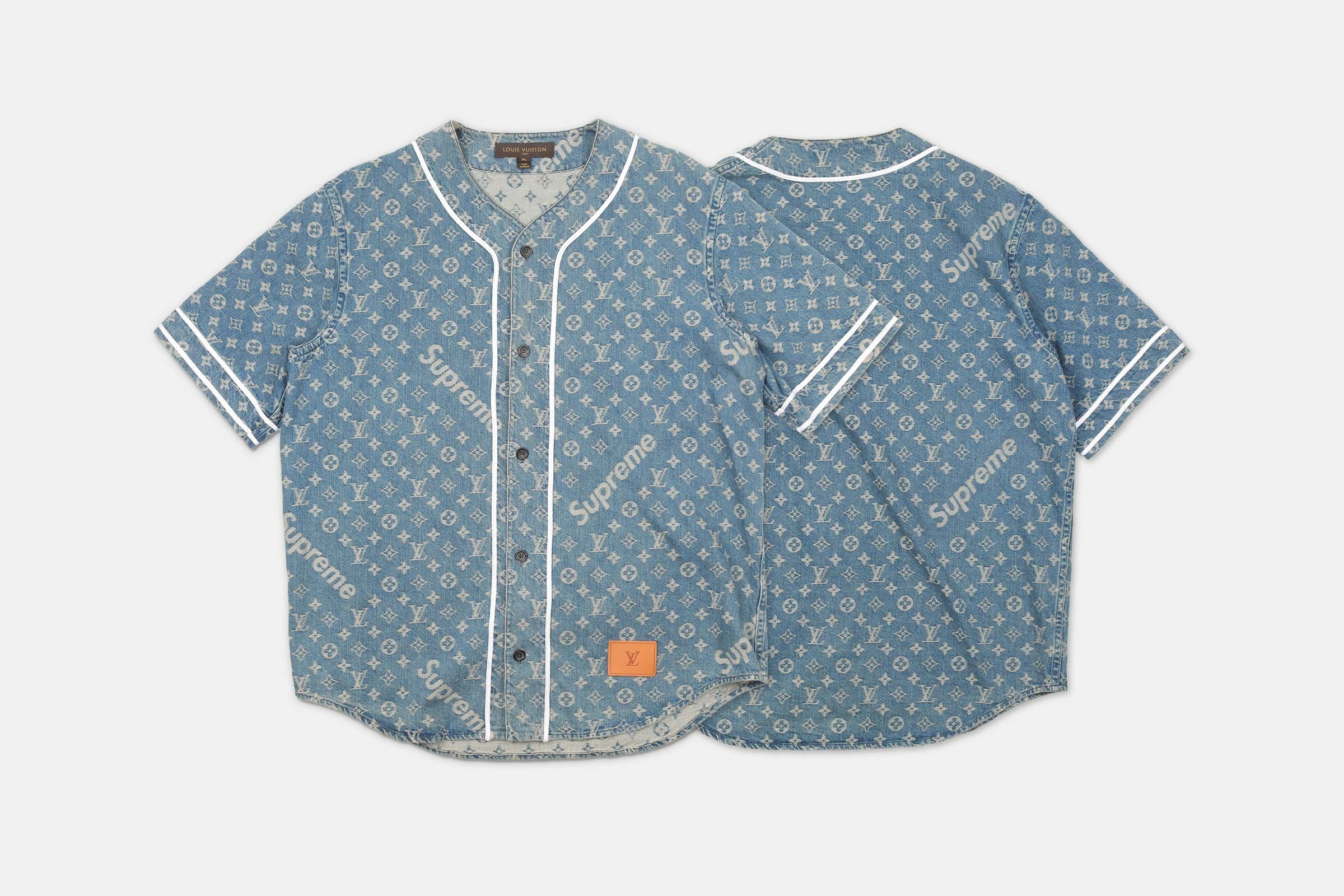 LOUIS VUITTON x Supreme Denim Baseball Shirt Blue Size XXS Auth