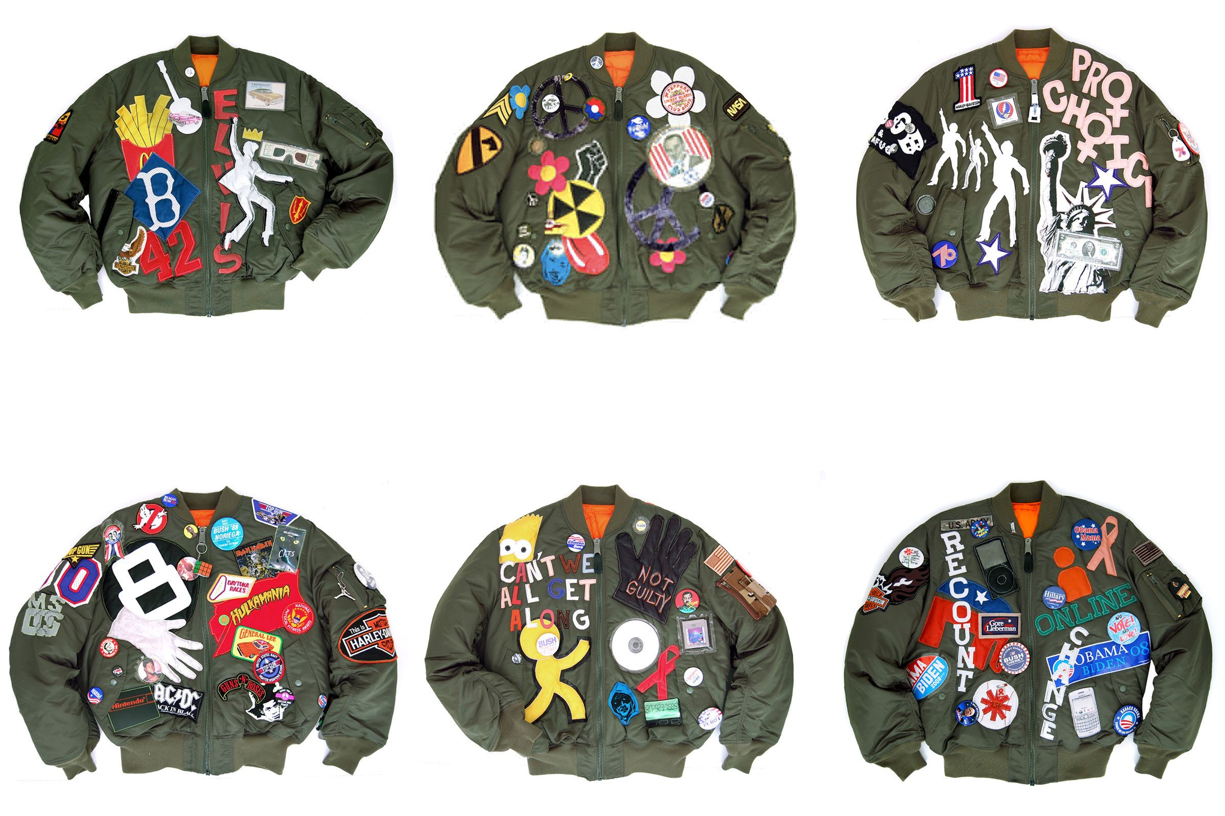 Brian Wood's "Alpha Industries: 6 Decades of History" 50th anniversary jackets. Each jacket is customized to represent a particular decade: the 1950s (top left), the 1960s (top center), the 1970s (top right), the 1980s (bottom left), the 1990s (bottom center) and the 2000s.