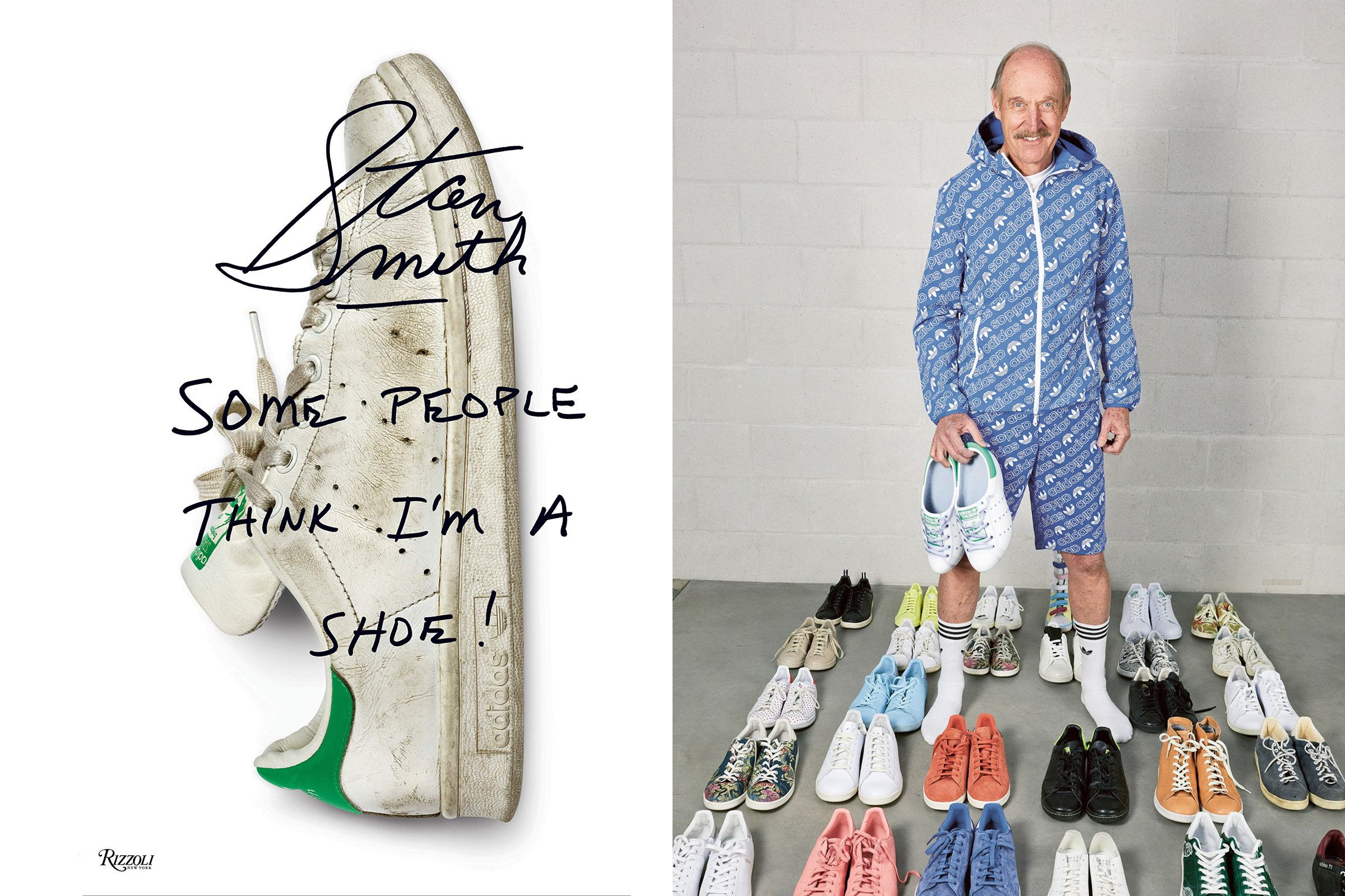 The cover of Rizzoli's Stan Smith-centric book, "Some People Think I'm a Shoe" (left) and Stan Smith (the man) with a collection of past Stan Smith releases