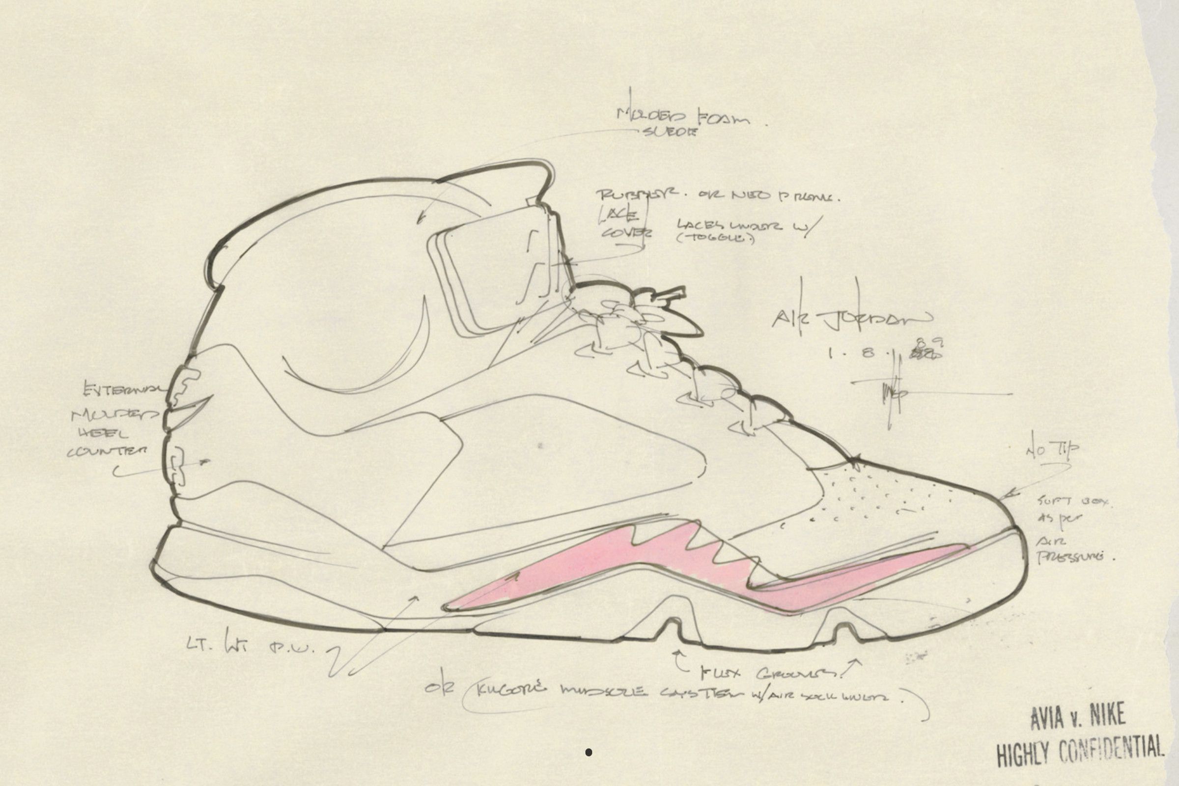 A Tinker Hatfield sketch outlining the Jordan V's signature "sharktooth" side detail (1990)