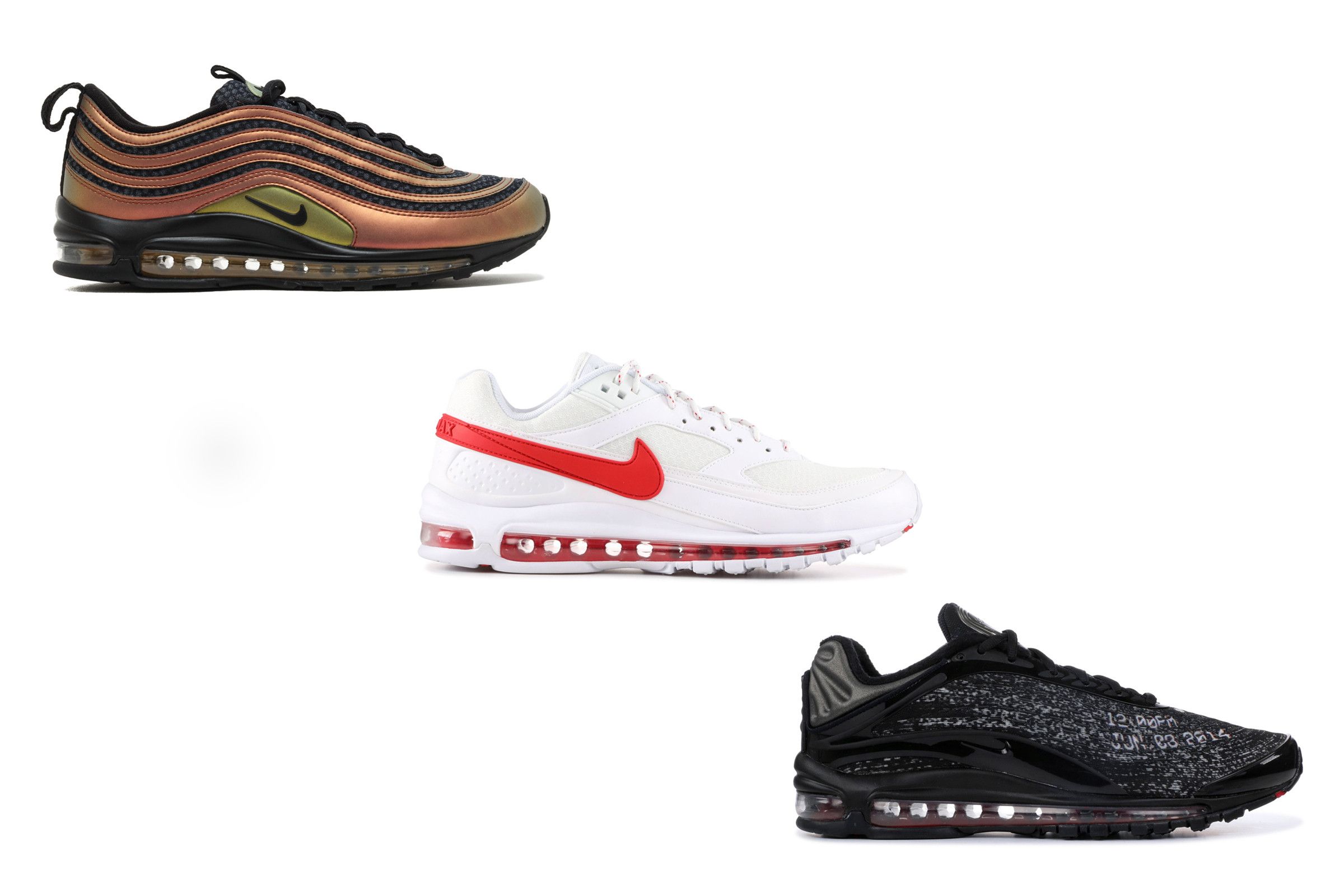 Skepta's Nike collaboration sneakers: The Air Max 97 Sk (top left), Air Max 97/BW (center) and Air Max Deluxe.