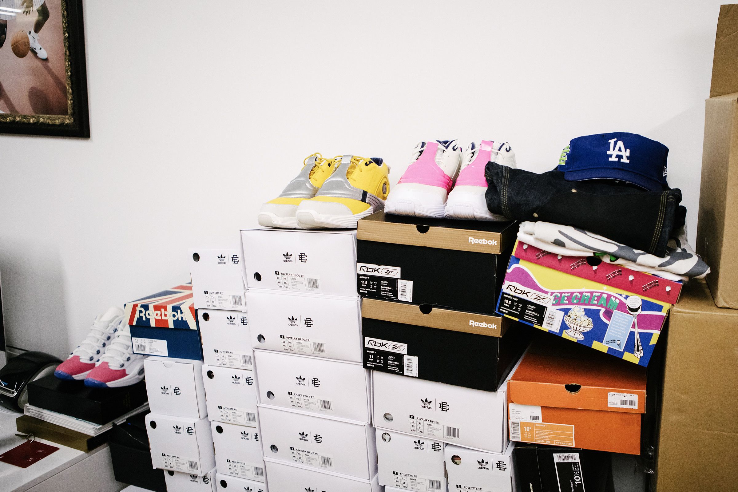 A moutain of shoeboxes—including Eric Emanuel's collaboration with Reebok and Allen Iverson—in Emanuel's office.