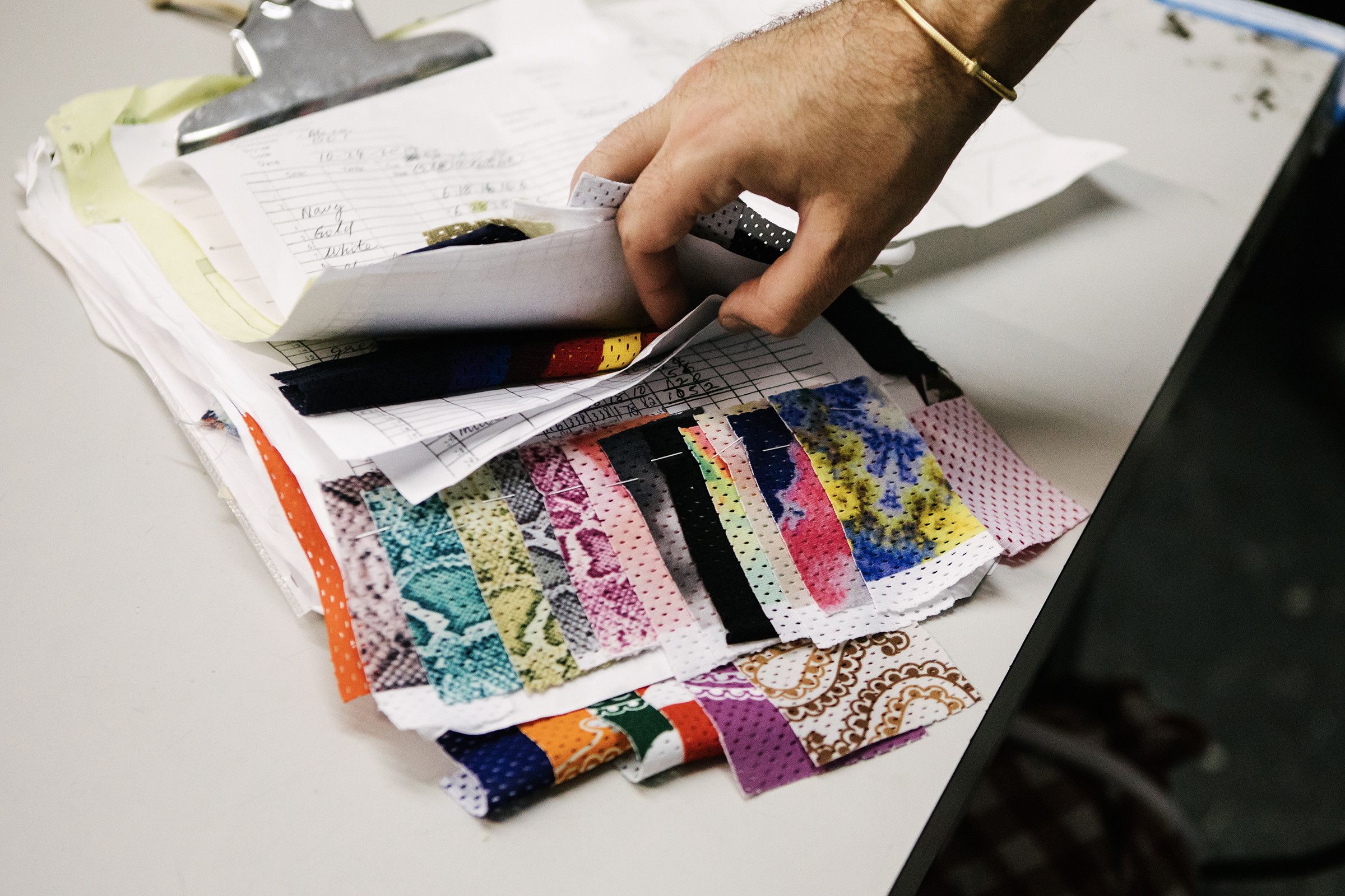 Fabric swatches and treatment samples in the factory