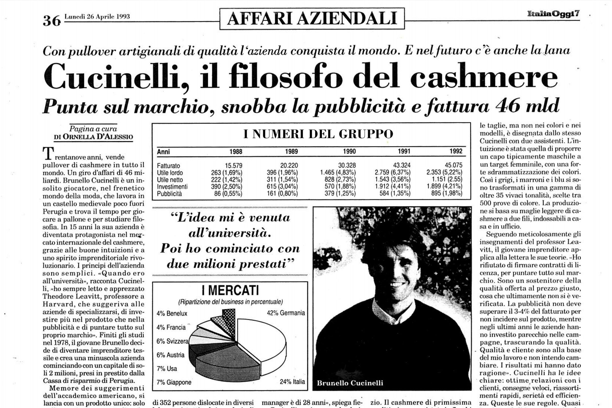 An April 26, 1993 feature on Brunello Cucinell in "Italia Oggi"