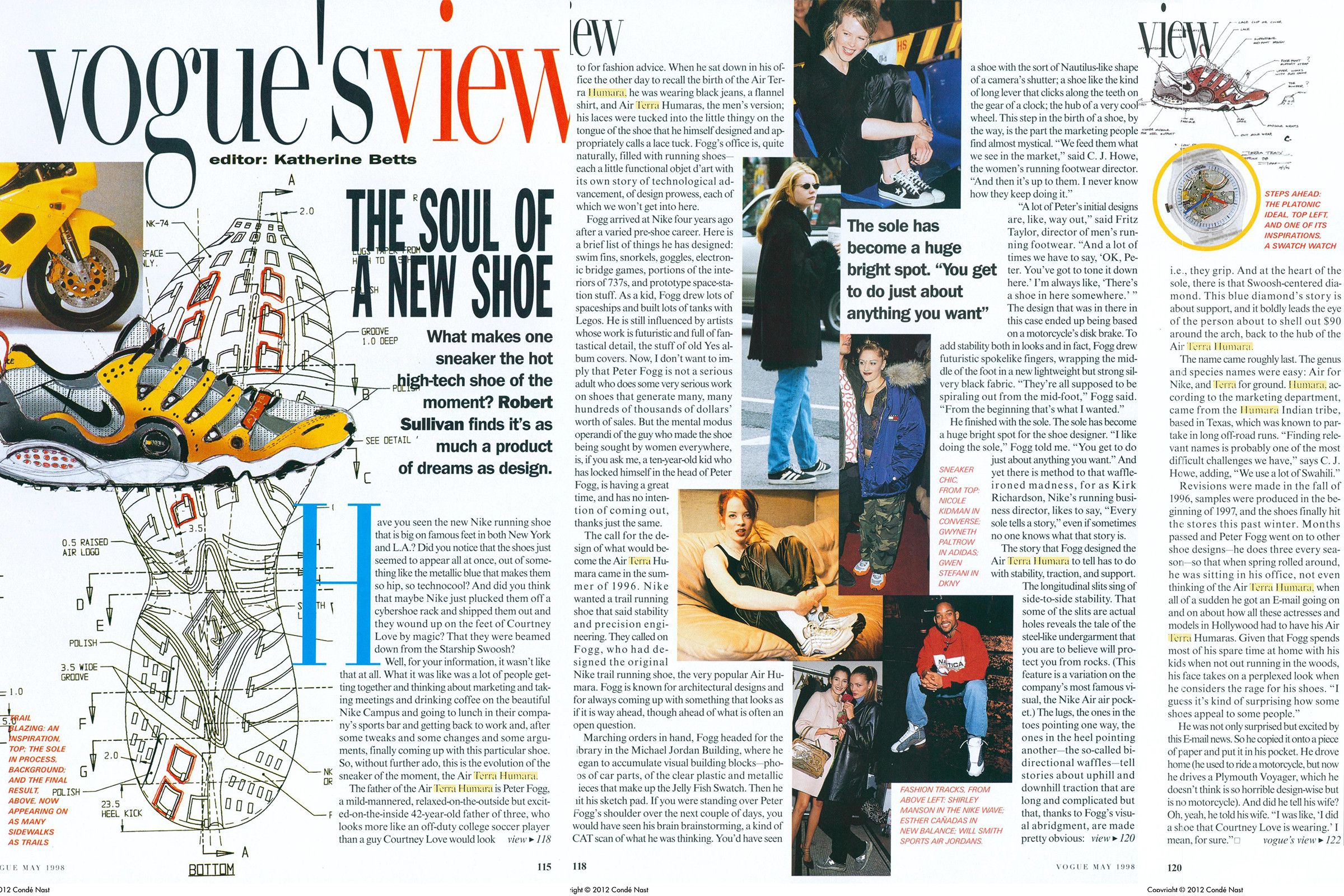 "Vogue's View" editorial on the Nike Air Humara, the Nike Air Terra Humara and Peter Fogg in the May 1998 issue of "Vogue"