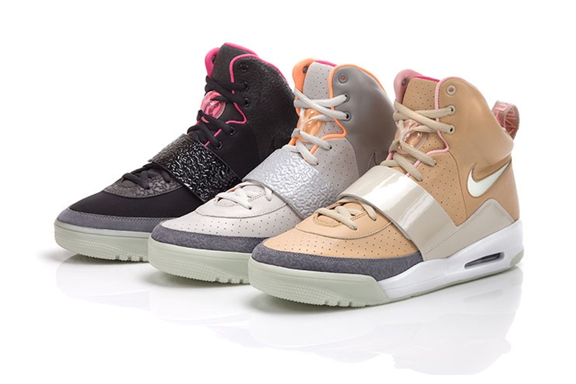 All three colorways of Nike's Air Yeezy I; (from left) Blink Black and Pink, Zen Grey and Net Tan