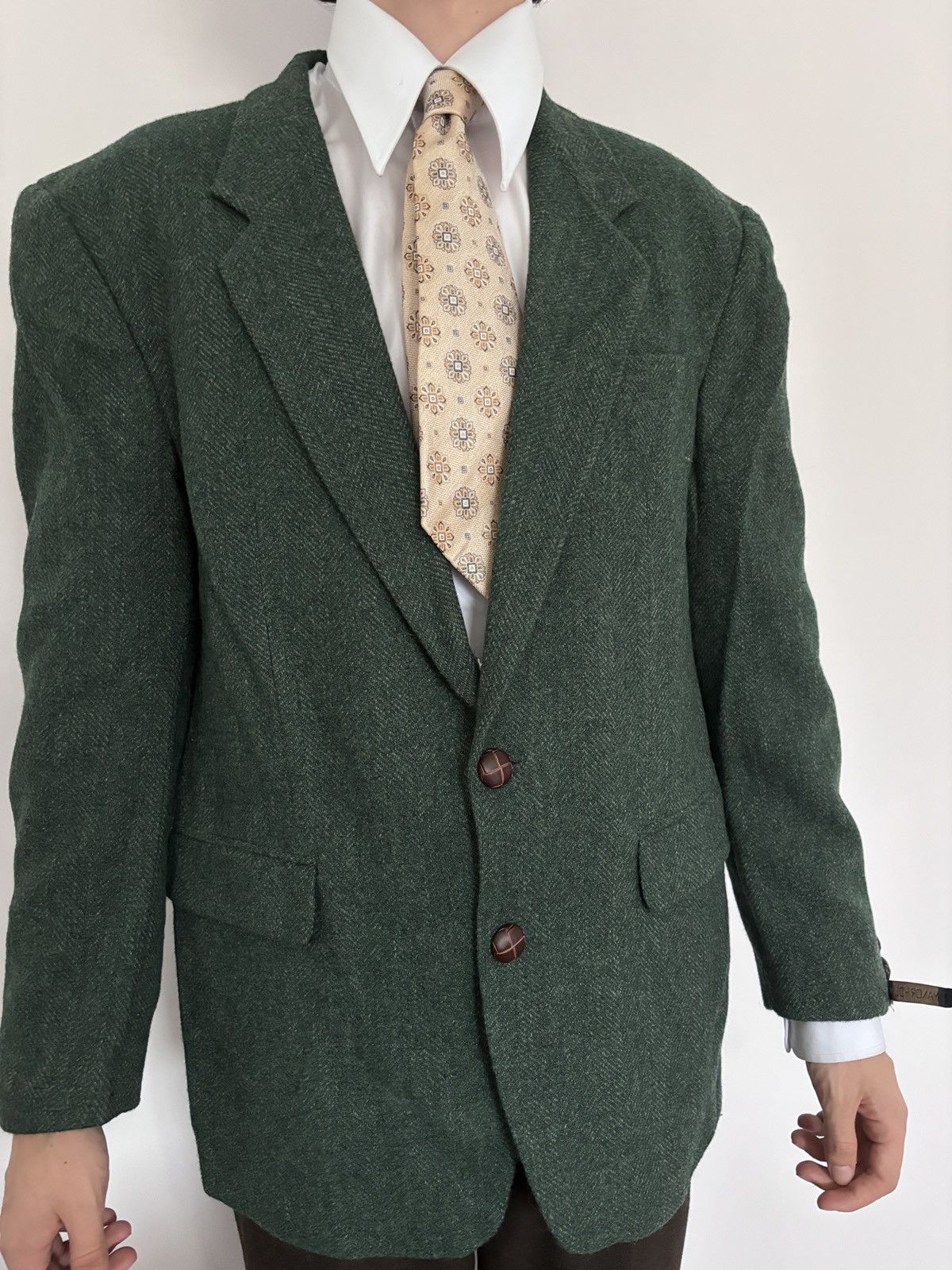 Other Vintage blazer wool herringbone leather buttons men L 52 EU Size US L / EU 52-54 / 3 - 1 Thumbnail