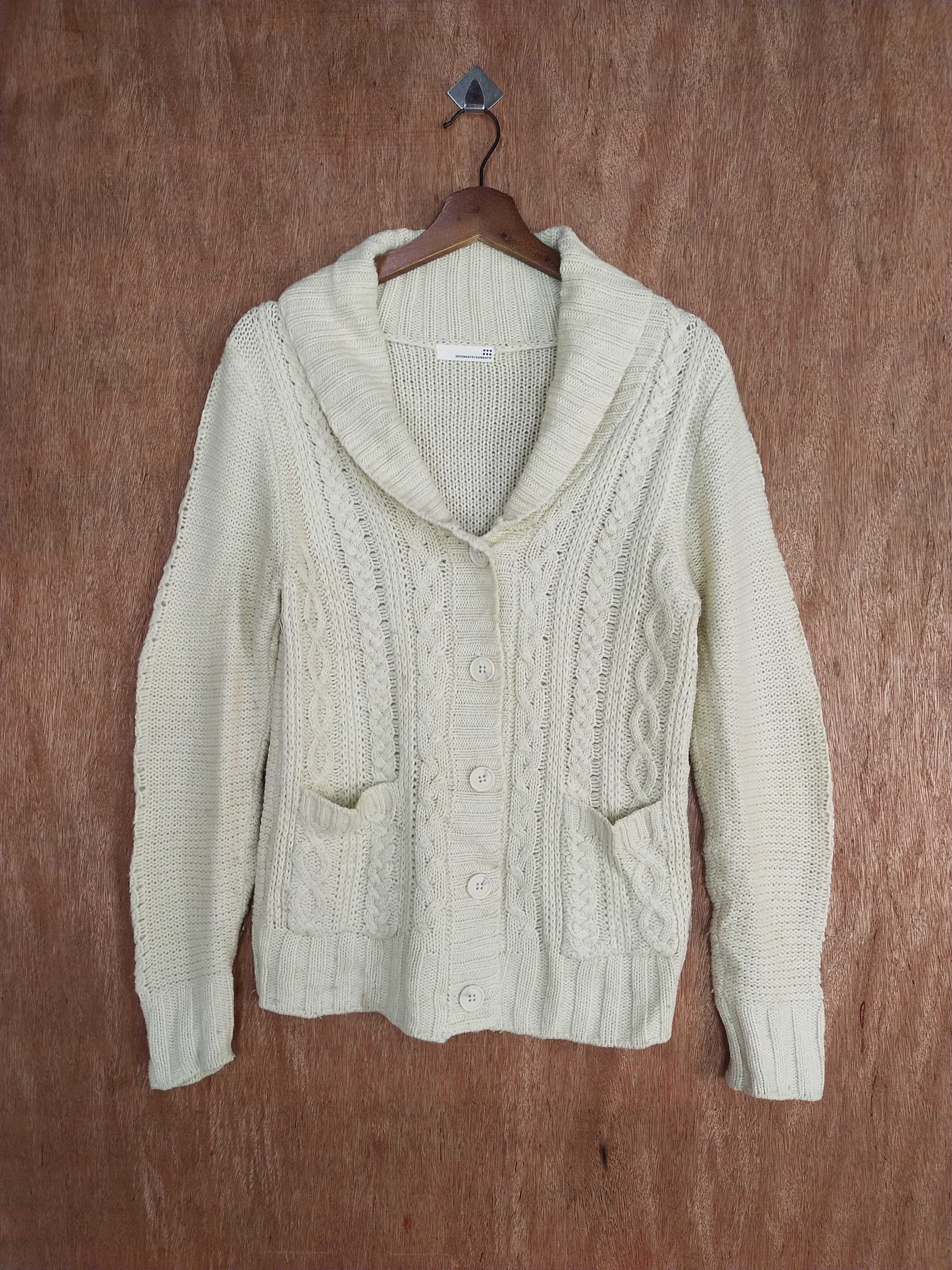 Homespun Knitwear Sevendays=Sunday cream cardigan cable knitwear #H197 Size US S / EU 44-46 / 1 - 1 Thumbnail