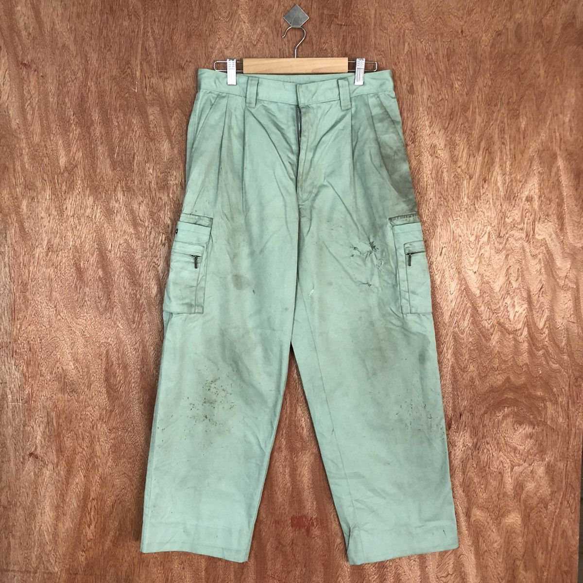 image of Vintage x Workers Elms - Distressed Cargopants Multiple Pocket in Light Green, Men's (Size 28)