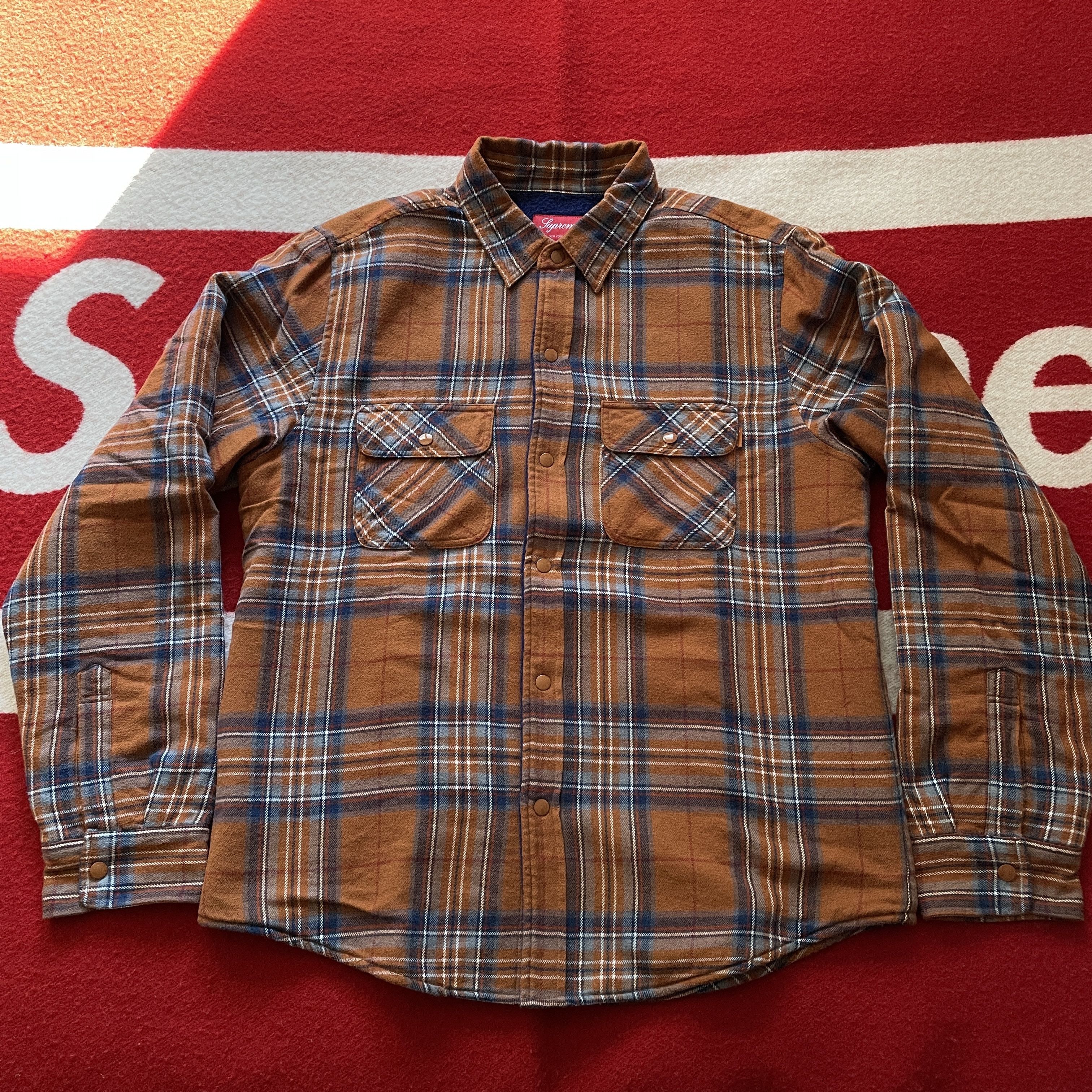 image of Supreme - Heavy Plaid Flannel Jacket 2020 Quilted Sleeves in Orange/Blue, Men's (Size Medium)