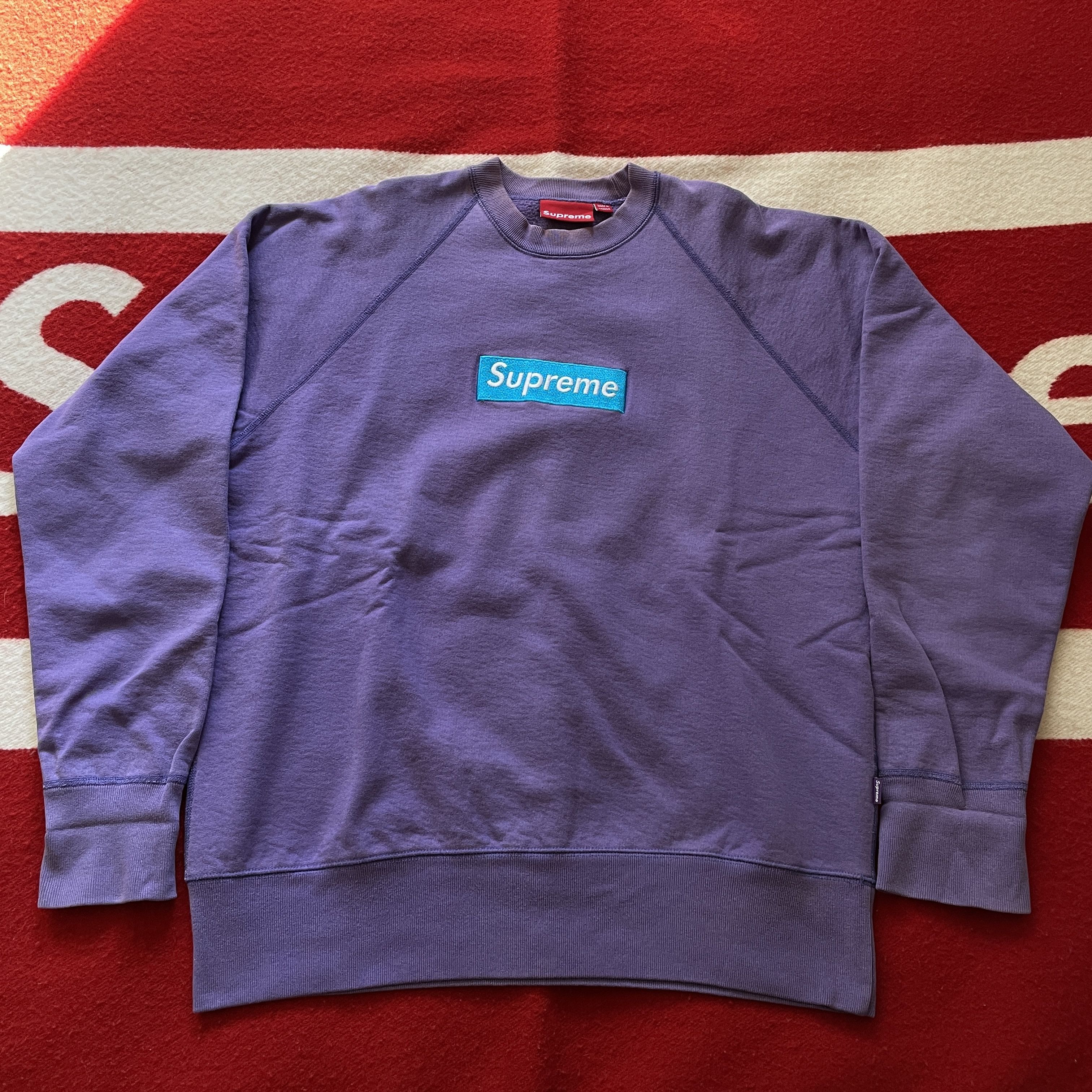 image of Supreme Teal Box Logo Crewneck 2005 Teal / Purple (Grape) Fw05 in Teal/Purple, Men's (Size Medium)