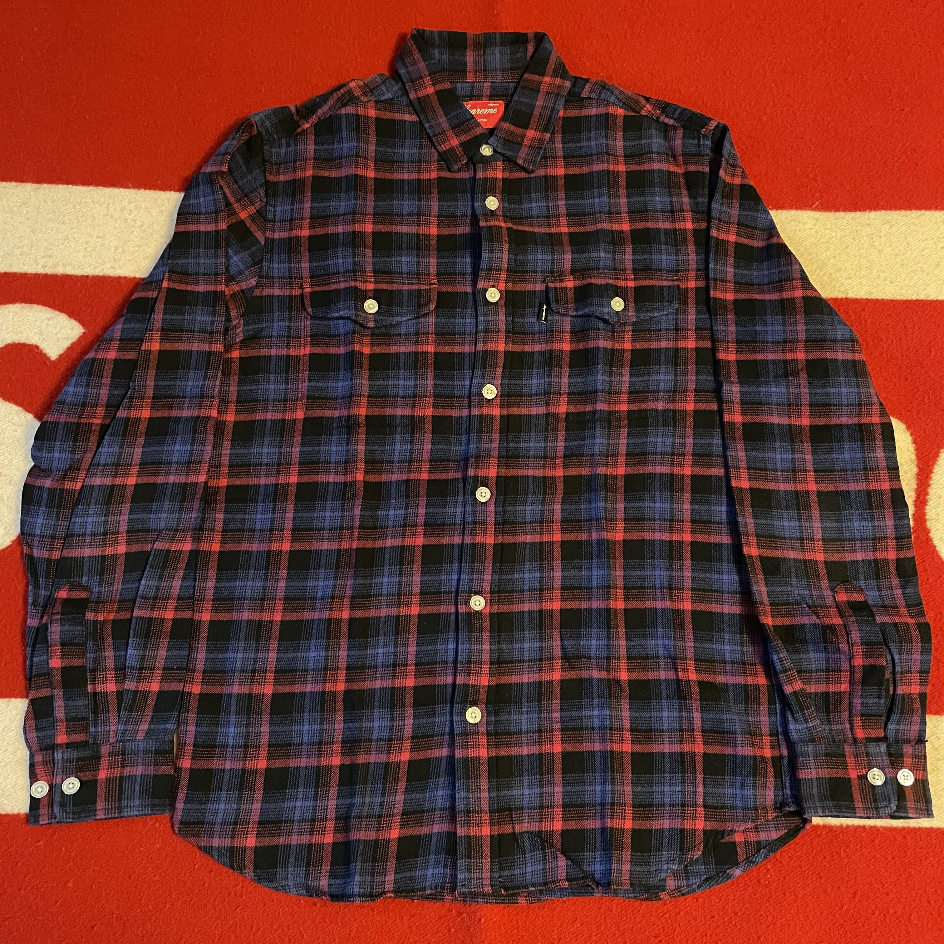image of Supreme - Plaid Flannel Button Up Shirt 2012 in Black/Blue/Red, Men's (Size Medium)