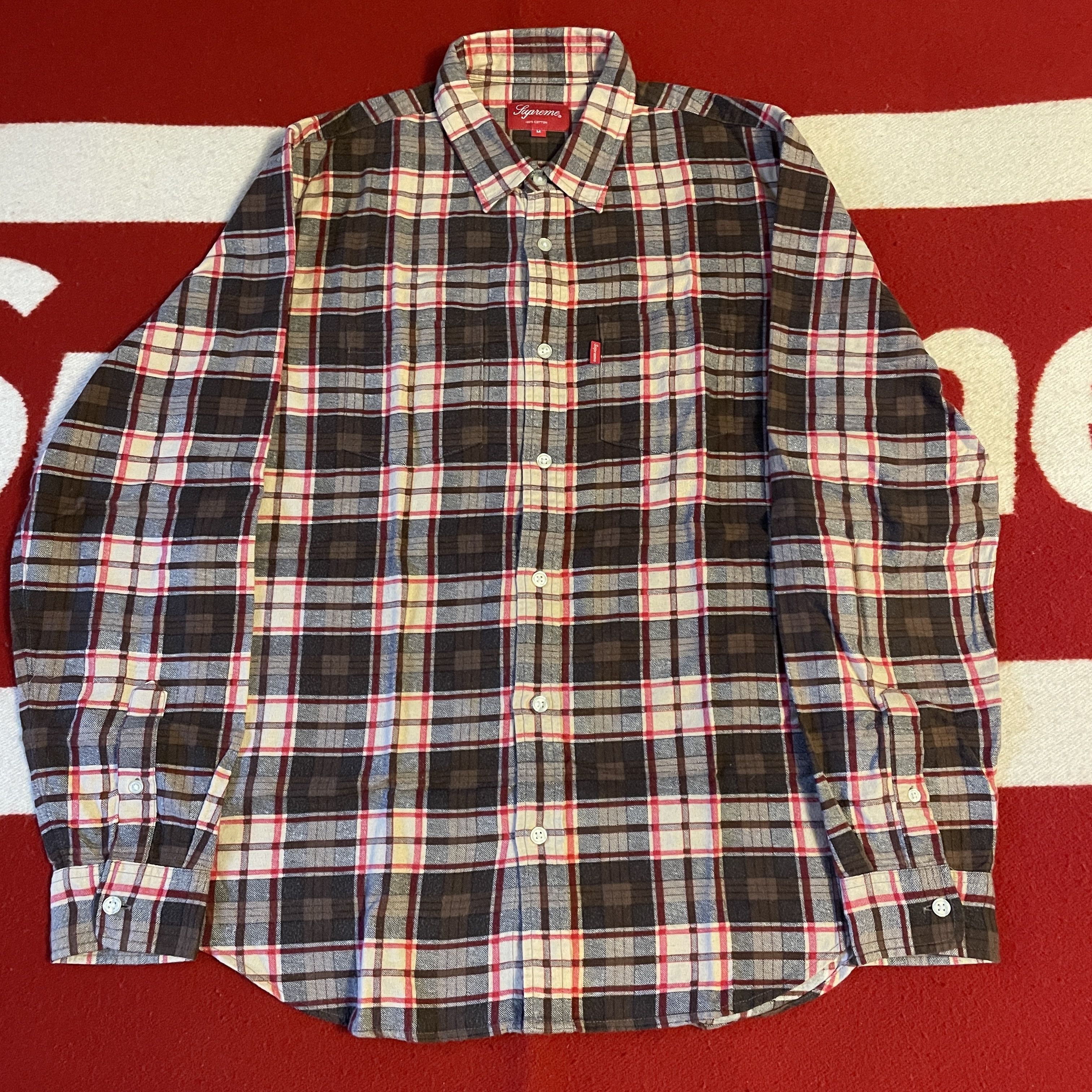 image of Supreme - Plaid Flannel Button Up Shirt 2014 in Brown/Red/Cream, Men's (Size Medium)
