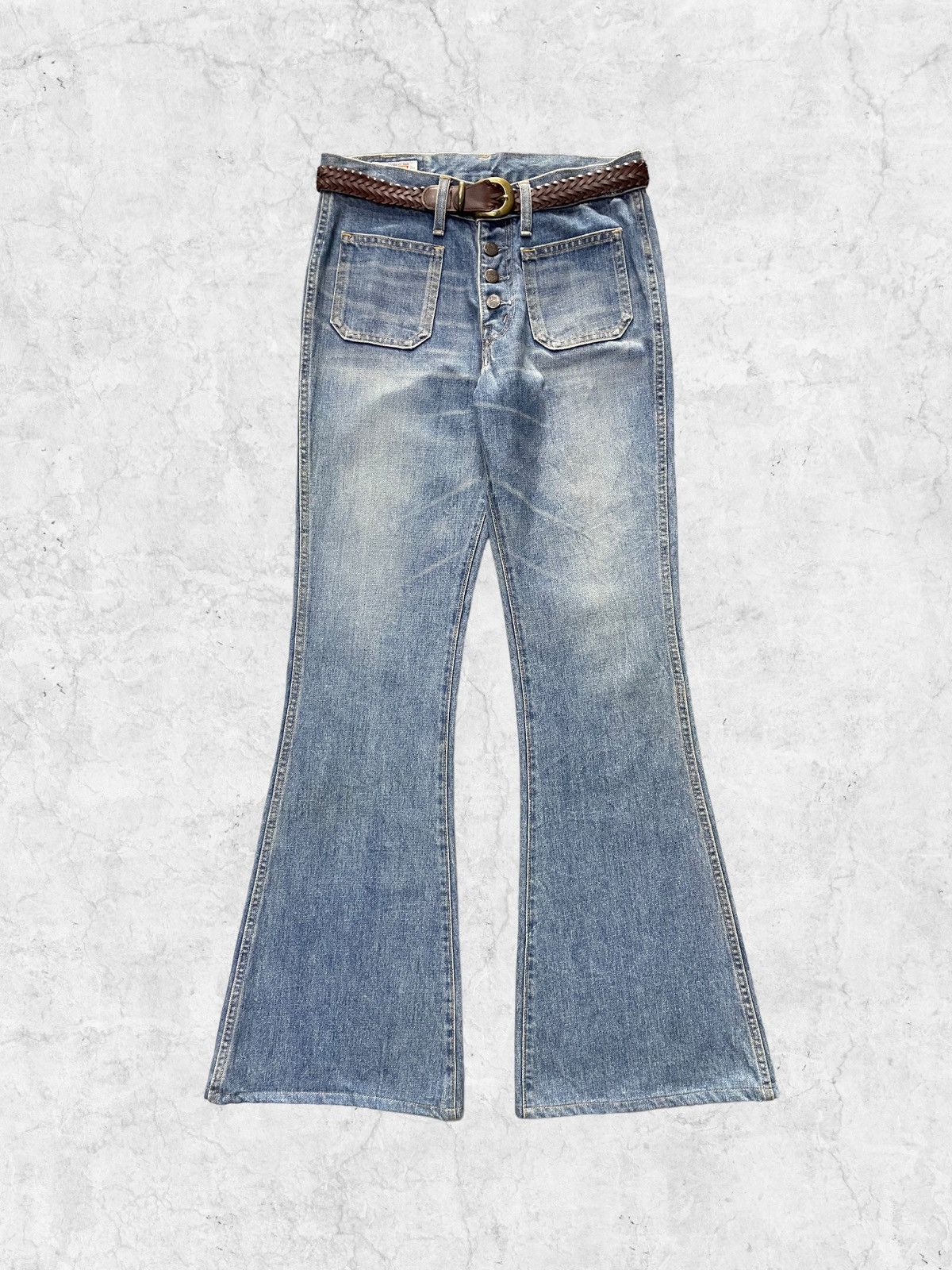 image of 80's Big John Bell Bottom Super Flared & Leather Belt in Light Blue Wash, Men's (Size 29)
