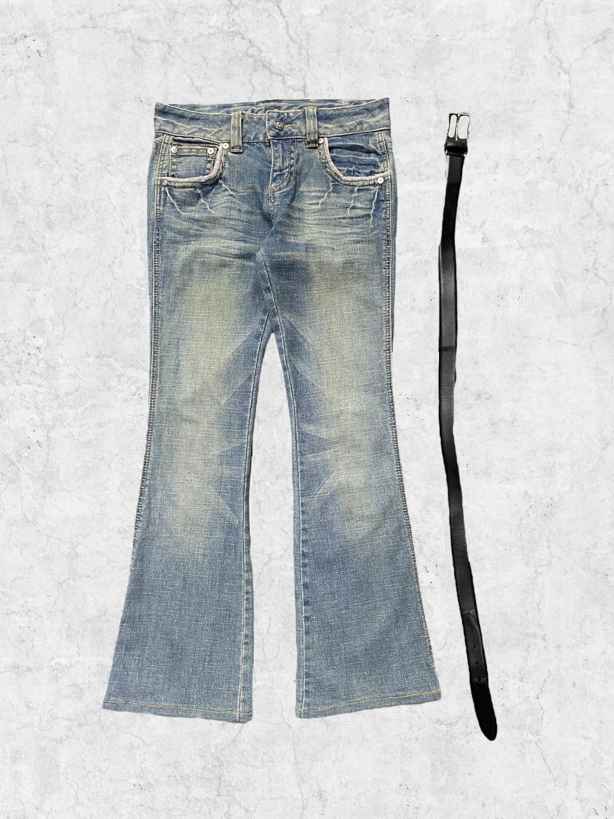 Tornado Mart × Vintage Vintage Jouer Aux Embroidered Flared Denim With Leather Belt Size US 28 / EU 44 - 3 Thumbnail