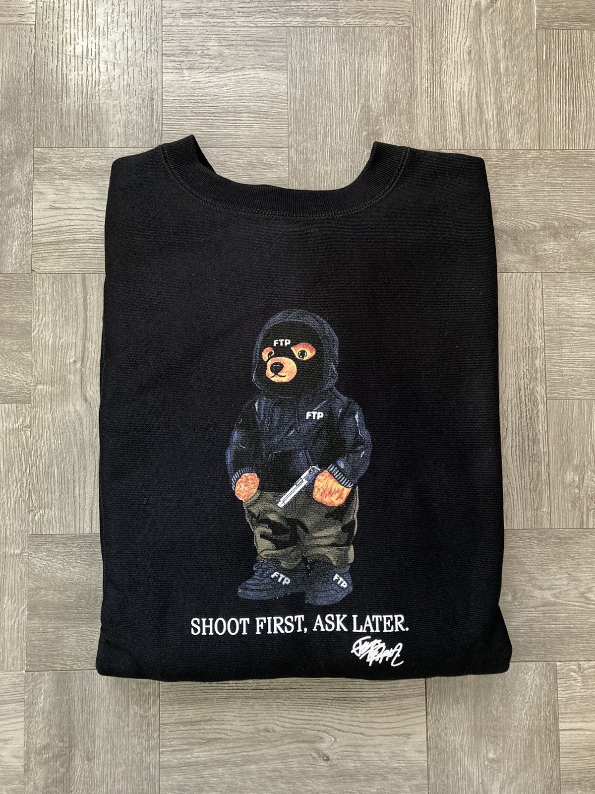 image of Fuck The Population Ftp Hooded Bear Crewneck Sweatshirt Black Size Large, Men's