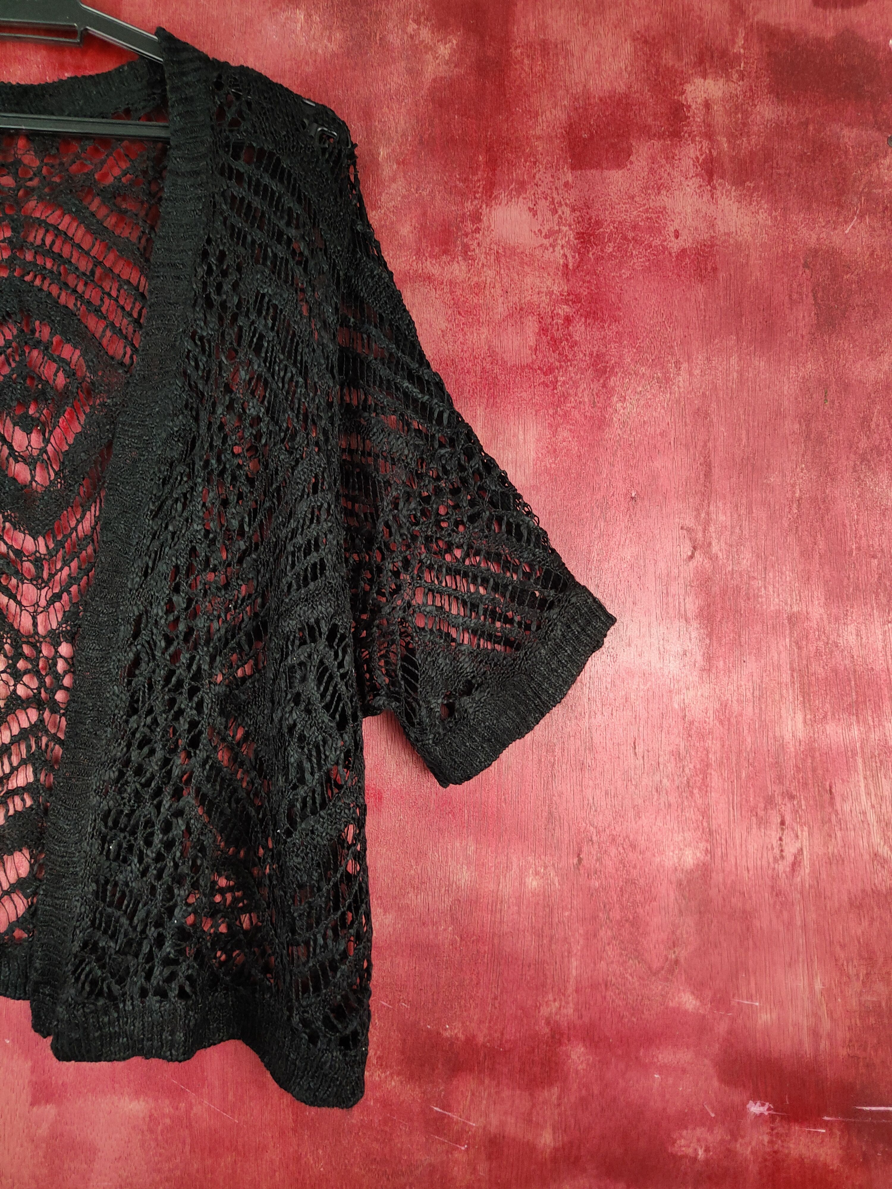 Homespun Knitwear Japanese Brand Black Crochet Meshnet Knitwear Cardigan #S964 Size L / US 10 / IT 46 - 5 Thumbnail