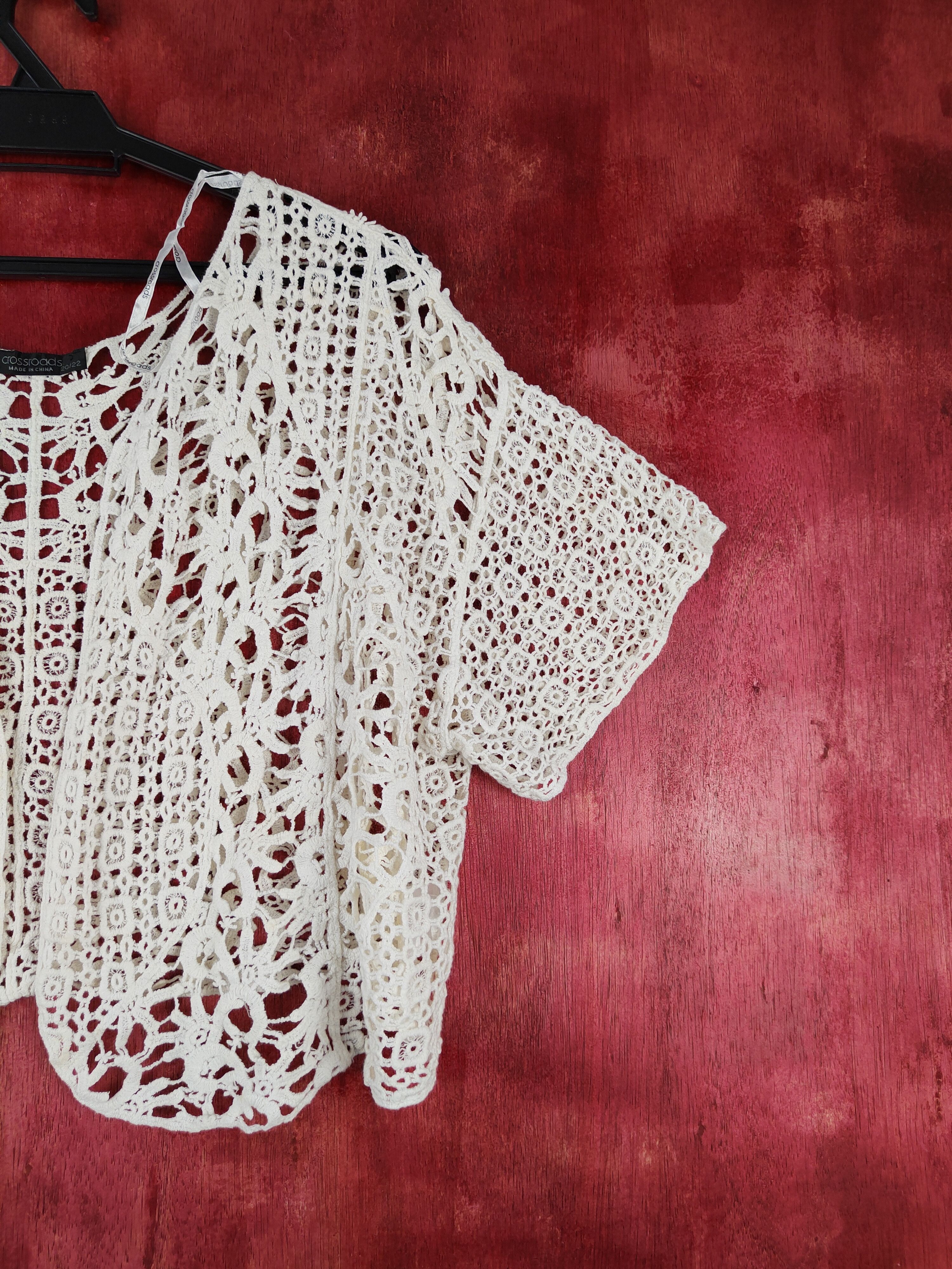Japanese Brand Crossroads White Crochet Meshnet Knitwear Cardigan #S965 Size M / US 6-8 / IT 42-44 - 5 Thumbnail