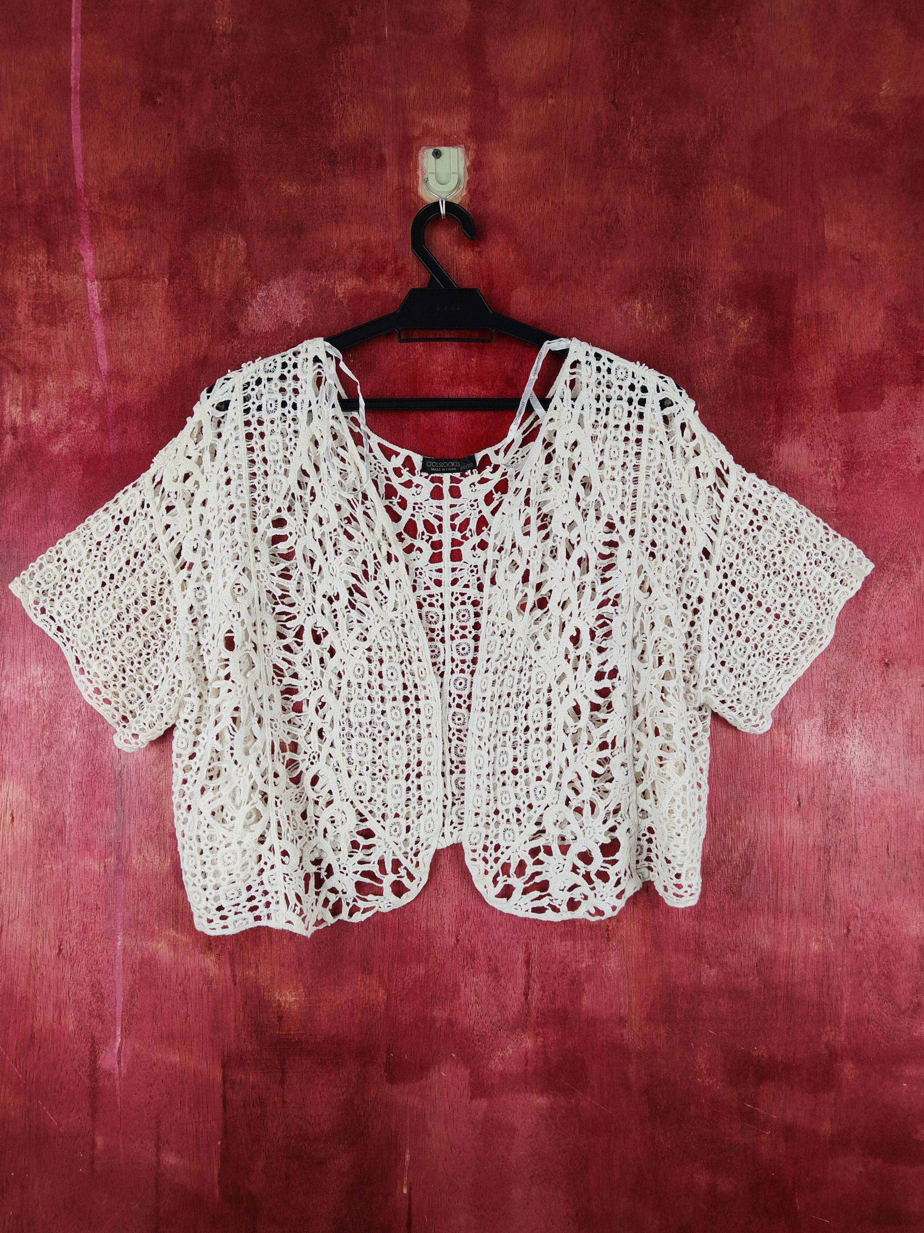 Japanese Brand Crossroads White Crochet Meshnet Knitwear Cardigan #S965 Size M / US 6-8 / IT 42-44 - 1 Thumbnail