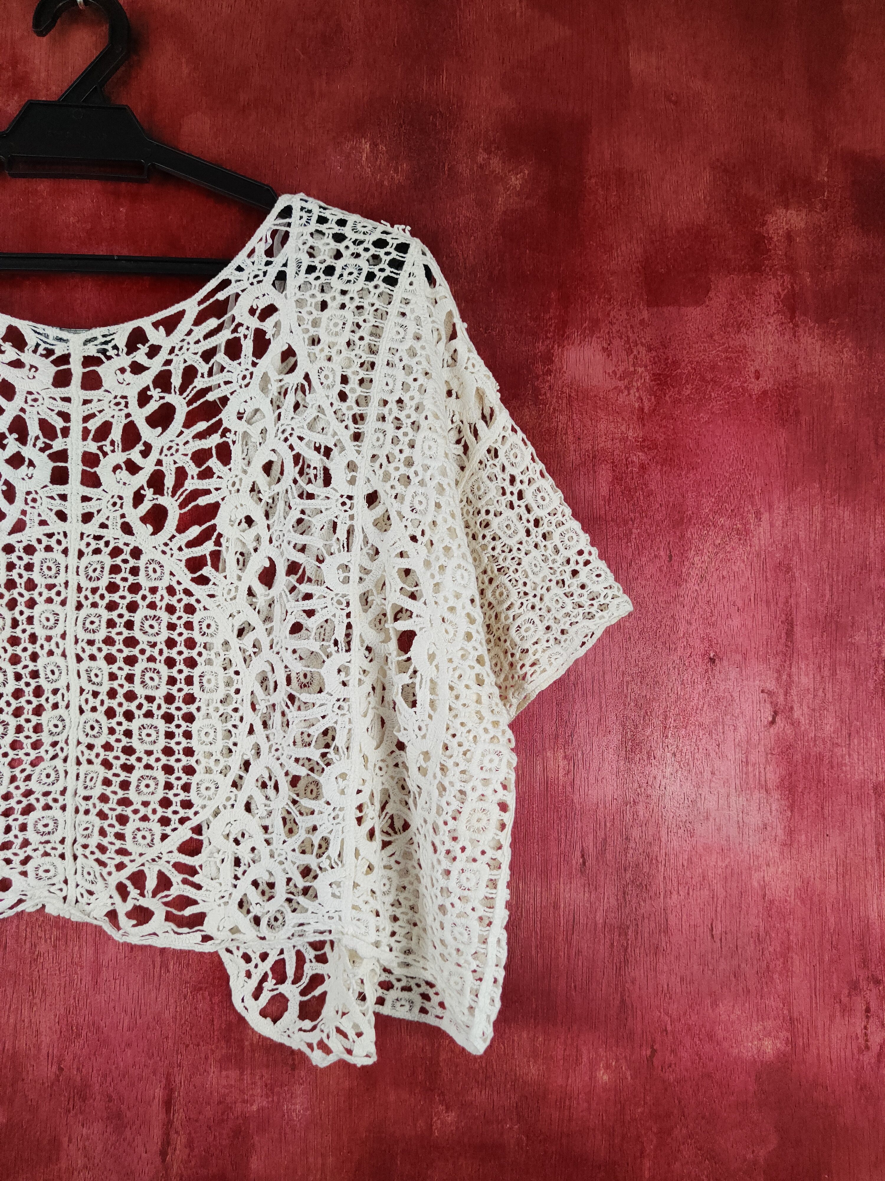 Japanese Brand Crossroads White Crochet Meshnet Knitwear Cardigan #S965 Size M / US 6-8 / IT 42-44 - 9 Thumbnail
