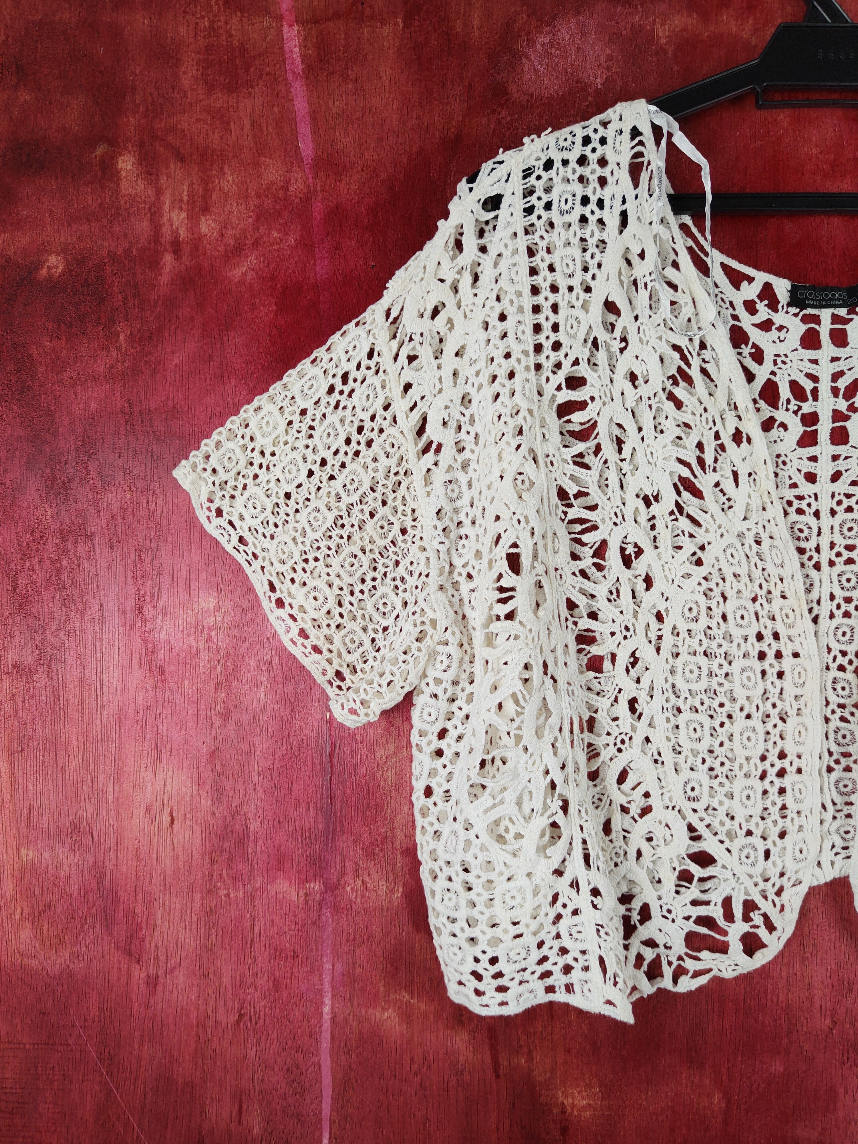 Japanese Brand Crossroads White Crochet Meshnet Knitwear Cardigan #S965 Size M / US 6-8 / IT 42-44 - 3 Thumbnail