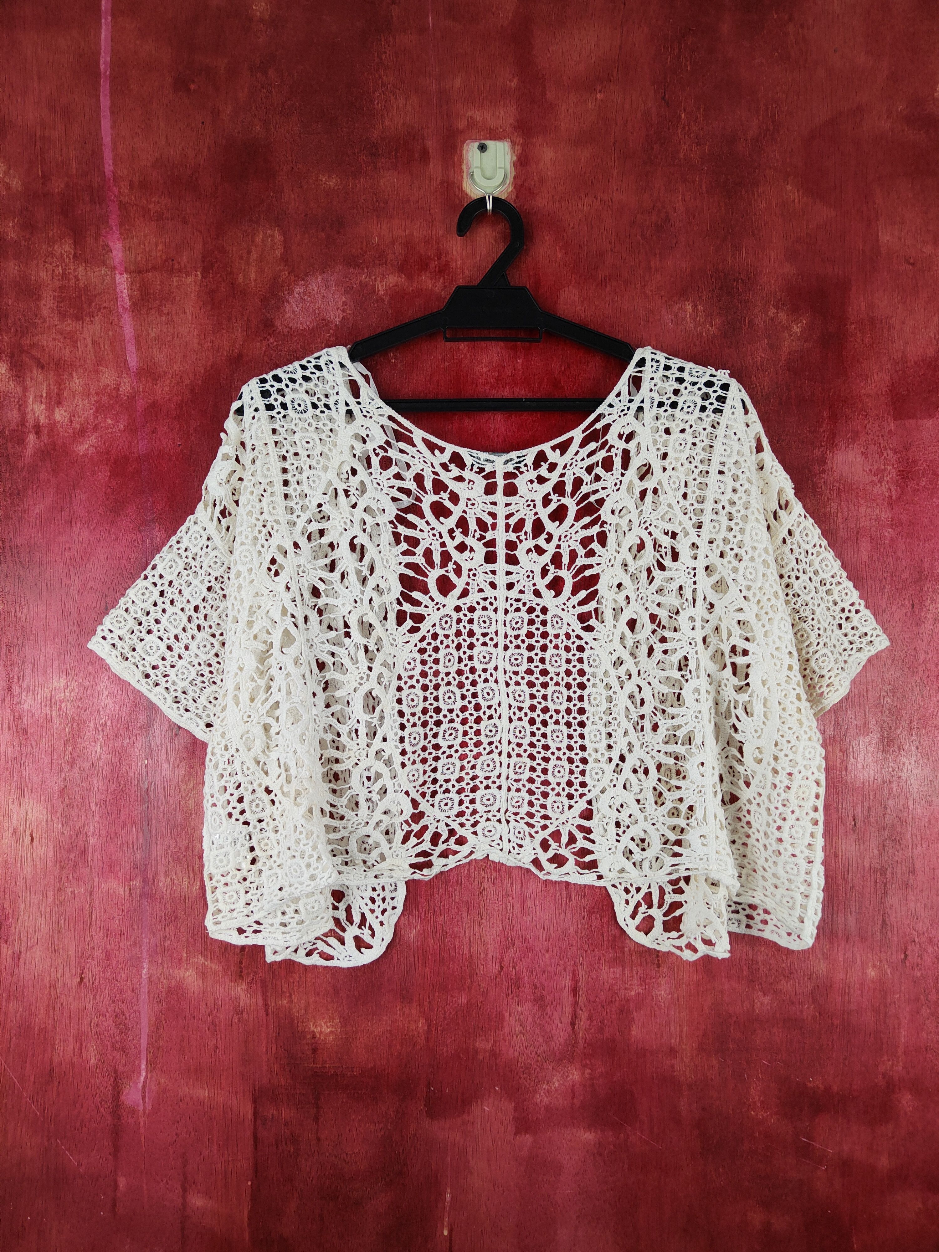 Japanese Brand Crossroads White Crochet Meshnet Knitwear Cardigan #S965 Size M / US 6-8 / IT 42-44 - 7 Thumbnail