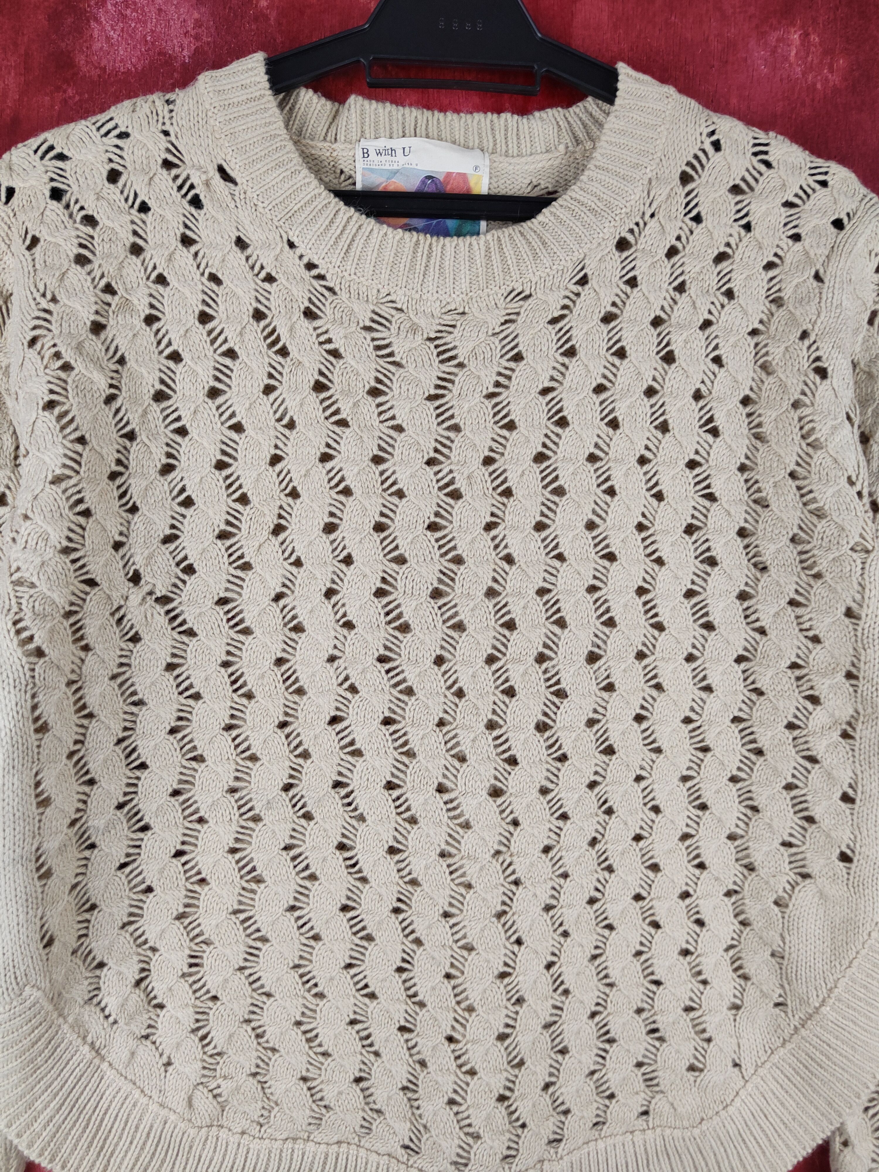 Japanese Brand B with U Beige Crochet Meshnet Knitwear Sweatshirt #S966 Size M / US 6-8 / IT 42-44 - 2 Thumbnail