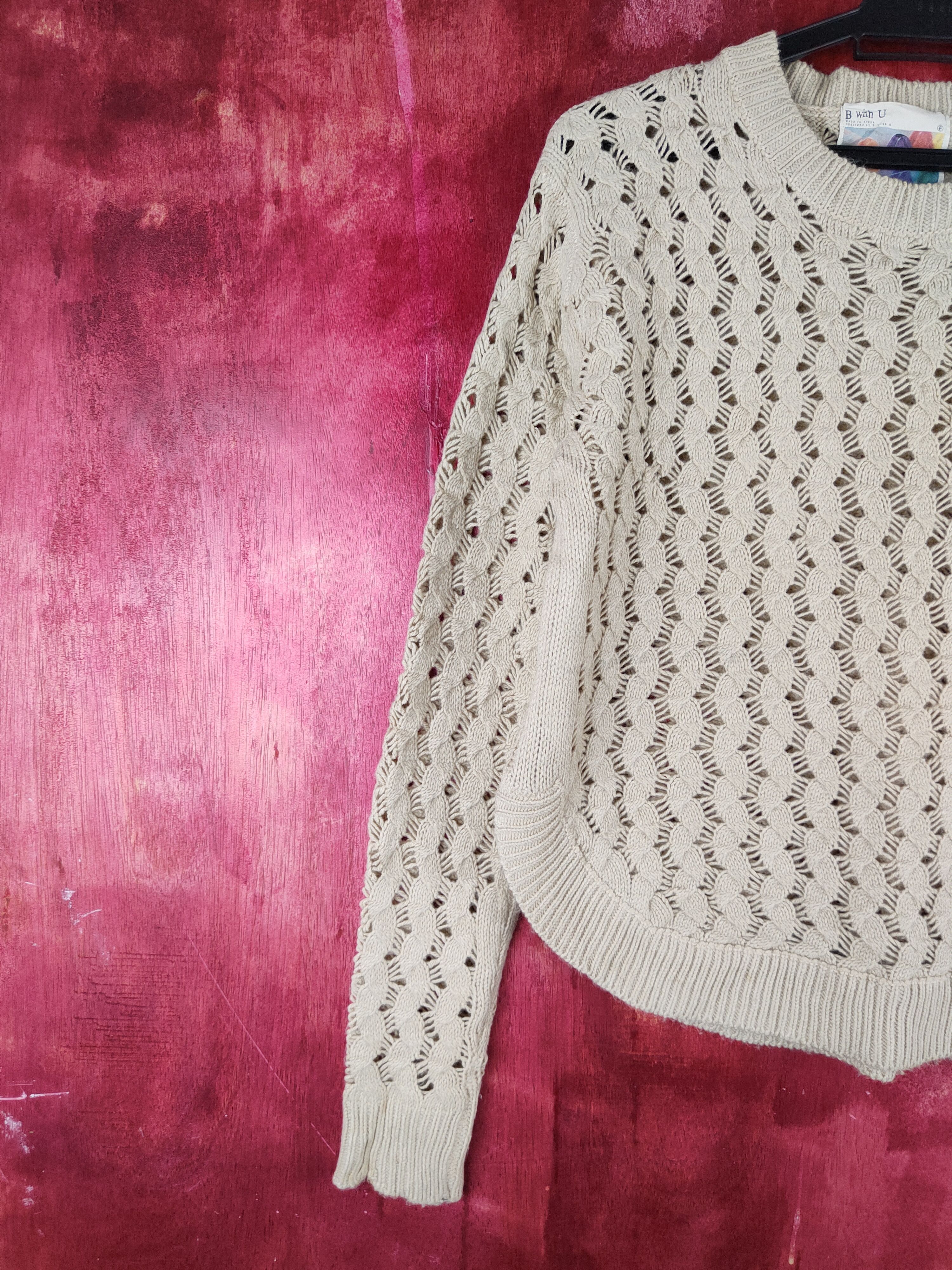 Japanese Brand B with U Beige Crochet Meshnet Knitwear Sweatshirt #S966 Size M / US 6-8 / IT 42-44 - 3 Thumbnail