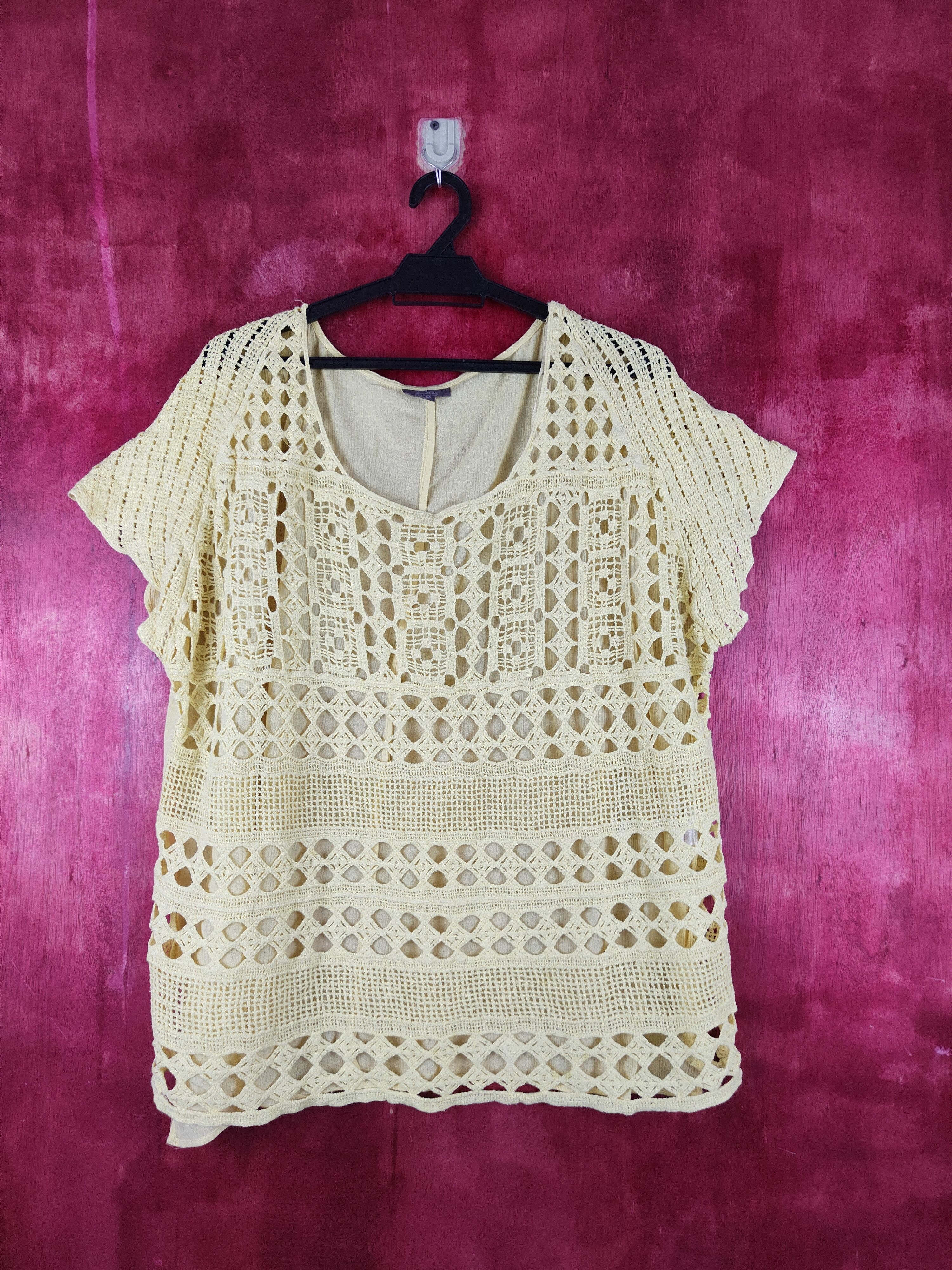 image of Vintage Katies Yellow Crochet Meshnet Knitwear Blouses S978, Women's (Size Large)