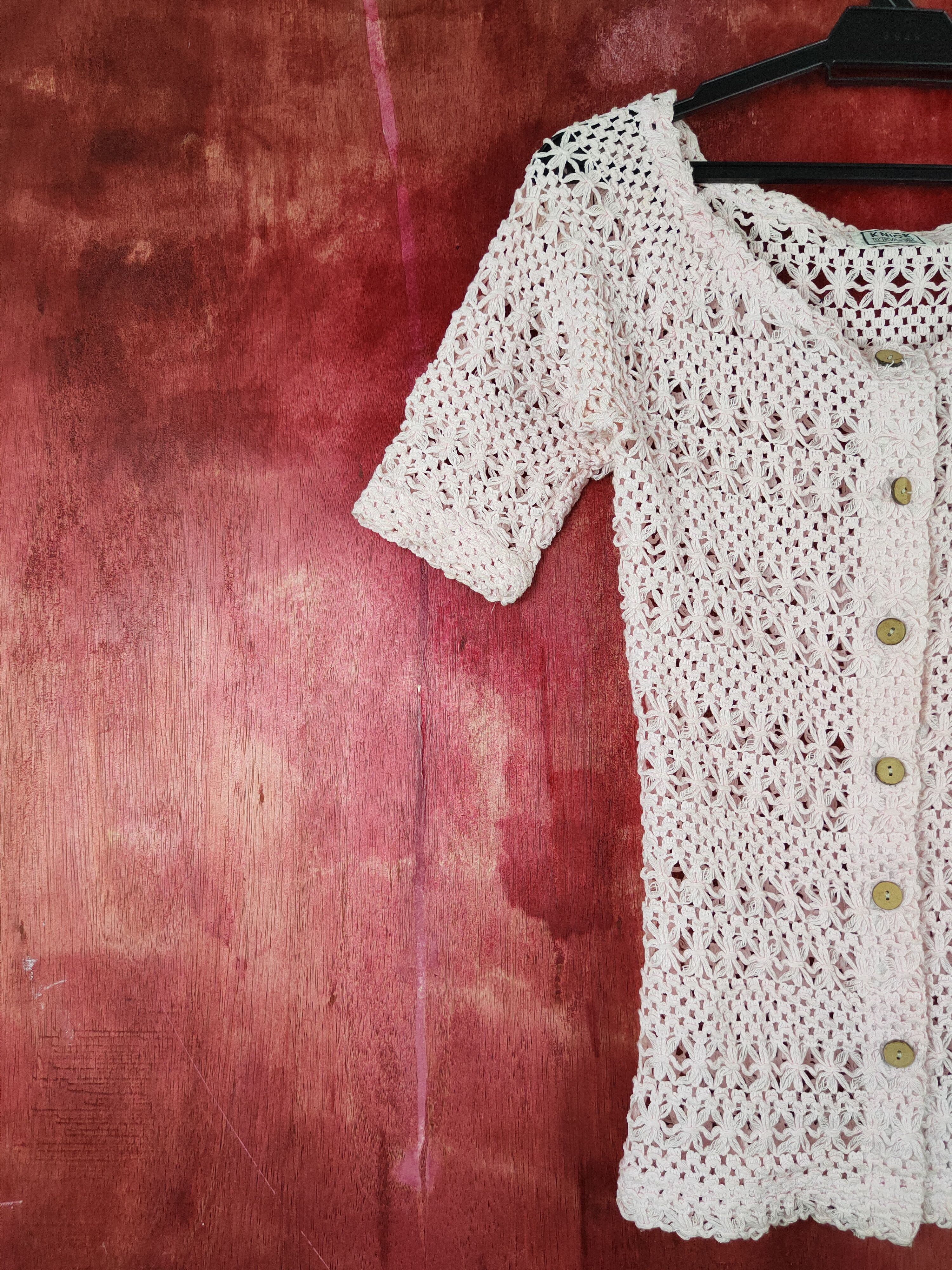 Japanese Brand Knick Knack Pink Crochet Meshnet Knitwear #S992 Size S / US 4 / IT 40 - 3 Thumbnail