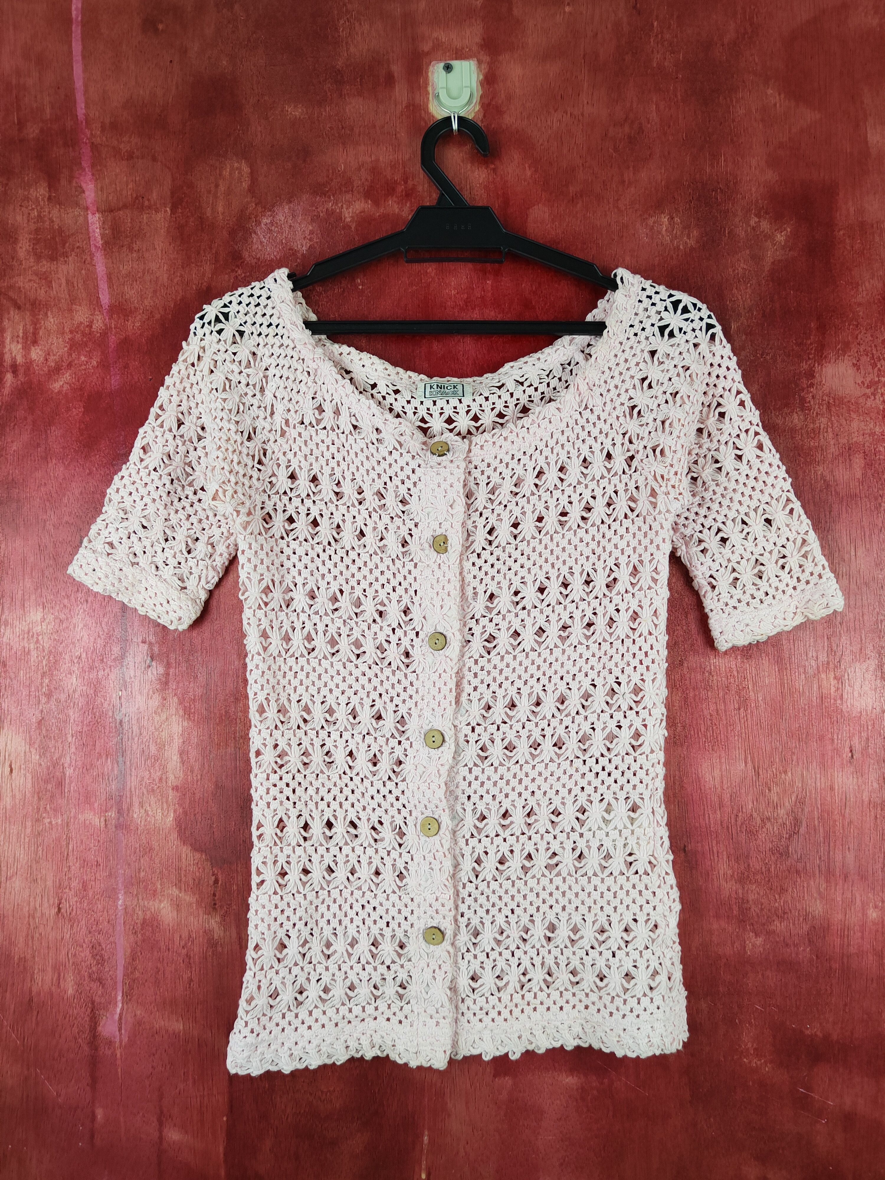 Japanese Brand Knick Knack Pink Crochet Meshnet Knitwear #S992 Size S / US 4 / IT 40 - 1 Thumbnail