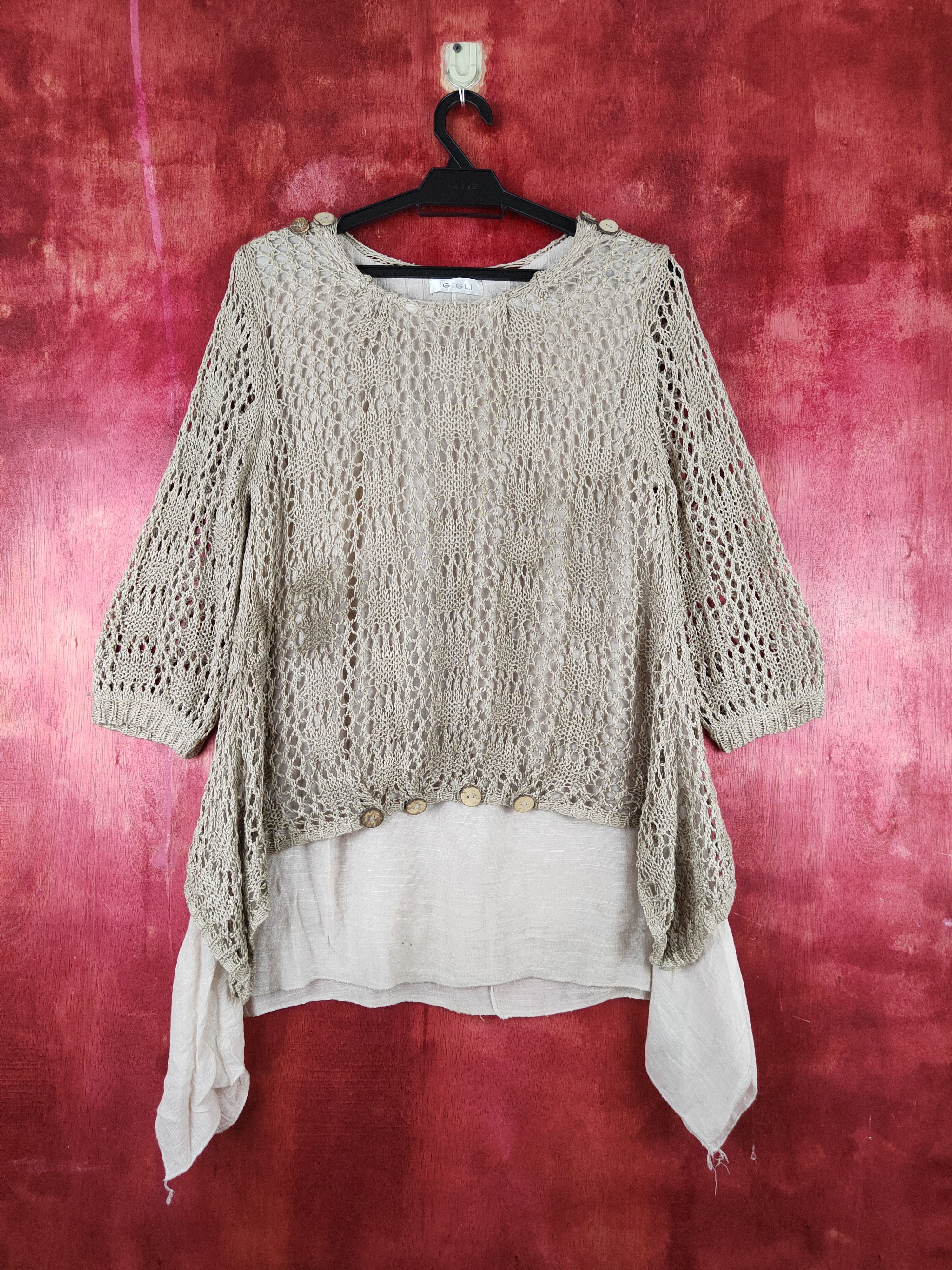 image of Homespun Knitwear Igigli Olive Brown Crochet Meshnet Knitwear Blouses S995, Women's (Size Medium)
