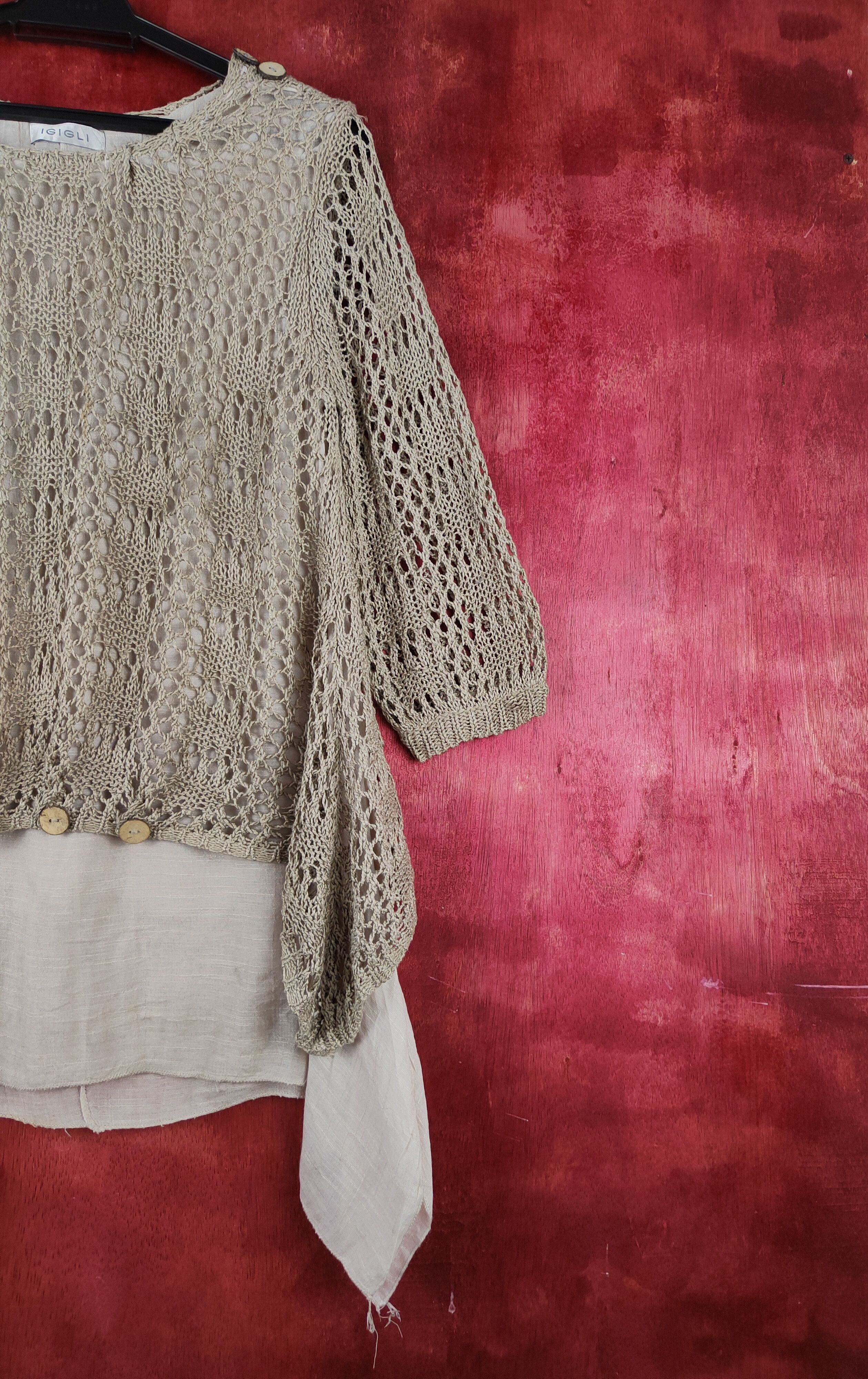 Japanese Brand Igigli Olive Brown Crochet Meshnet Knitwear Blouses #S995 Size M / US 6-8 / IT 42-44 - 7 Thumbnail