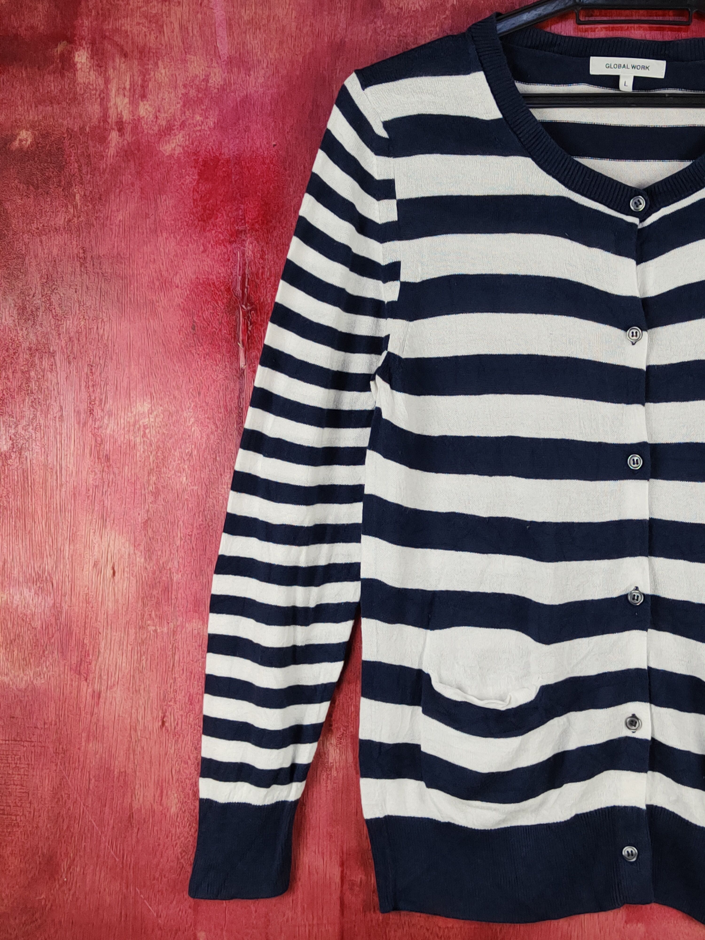 Global Work Global Work Dark Blue/White Stripe Knitwear Cardigan #S1065 Size L / US 10 / IT 46 - 3 Thumbnail