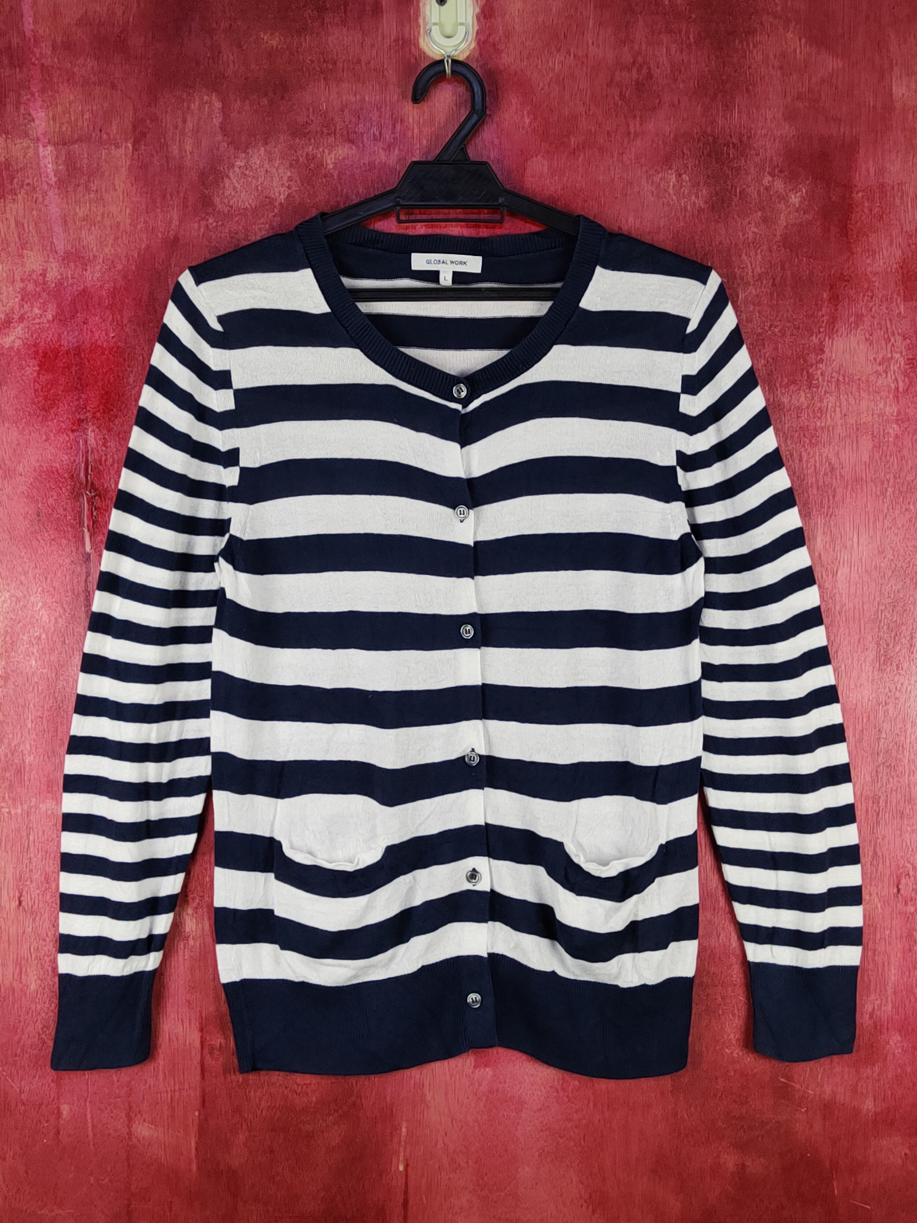 Global Work Global Work Dark Blue/White Stripe Knitwear Cardigan #S1065 Size L / US 10 / IT 46 - 1 Thumbnail