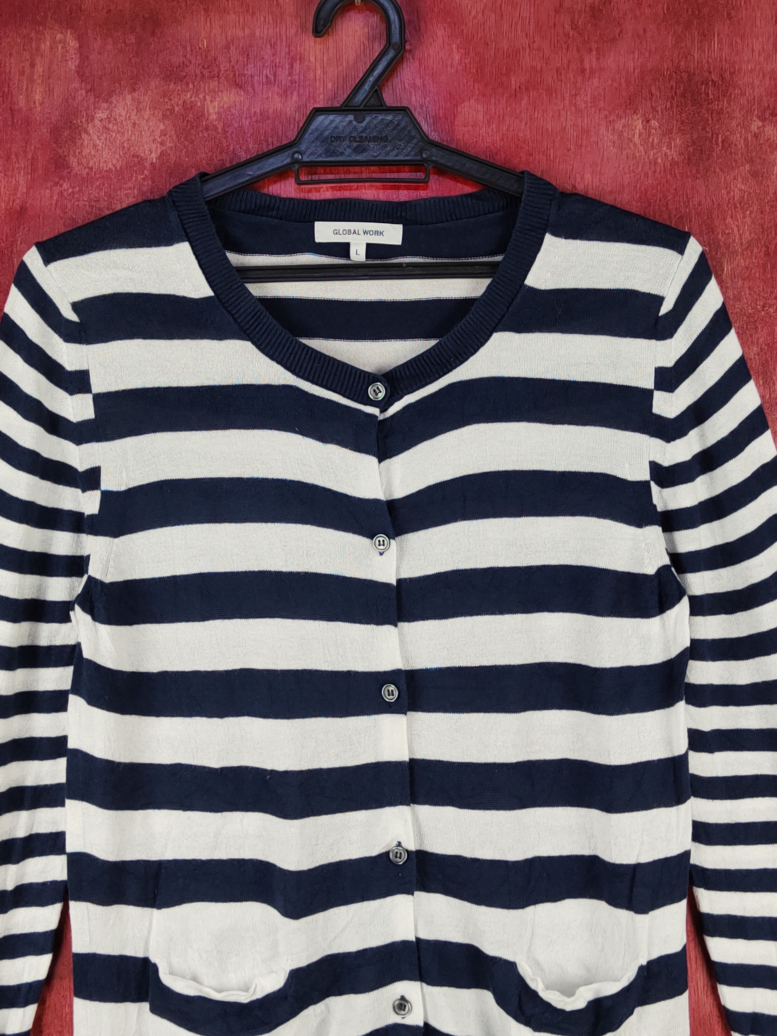 Global Work Global Work Dark Blue/White Stripe Knitwear Cardigan #S1065 Size L / US 10 / IT 46 - 2 Thumbnail