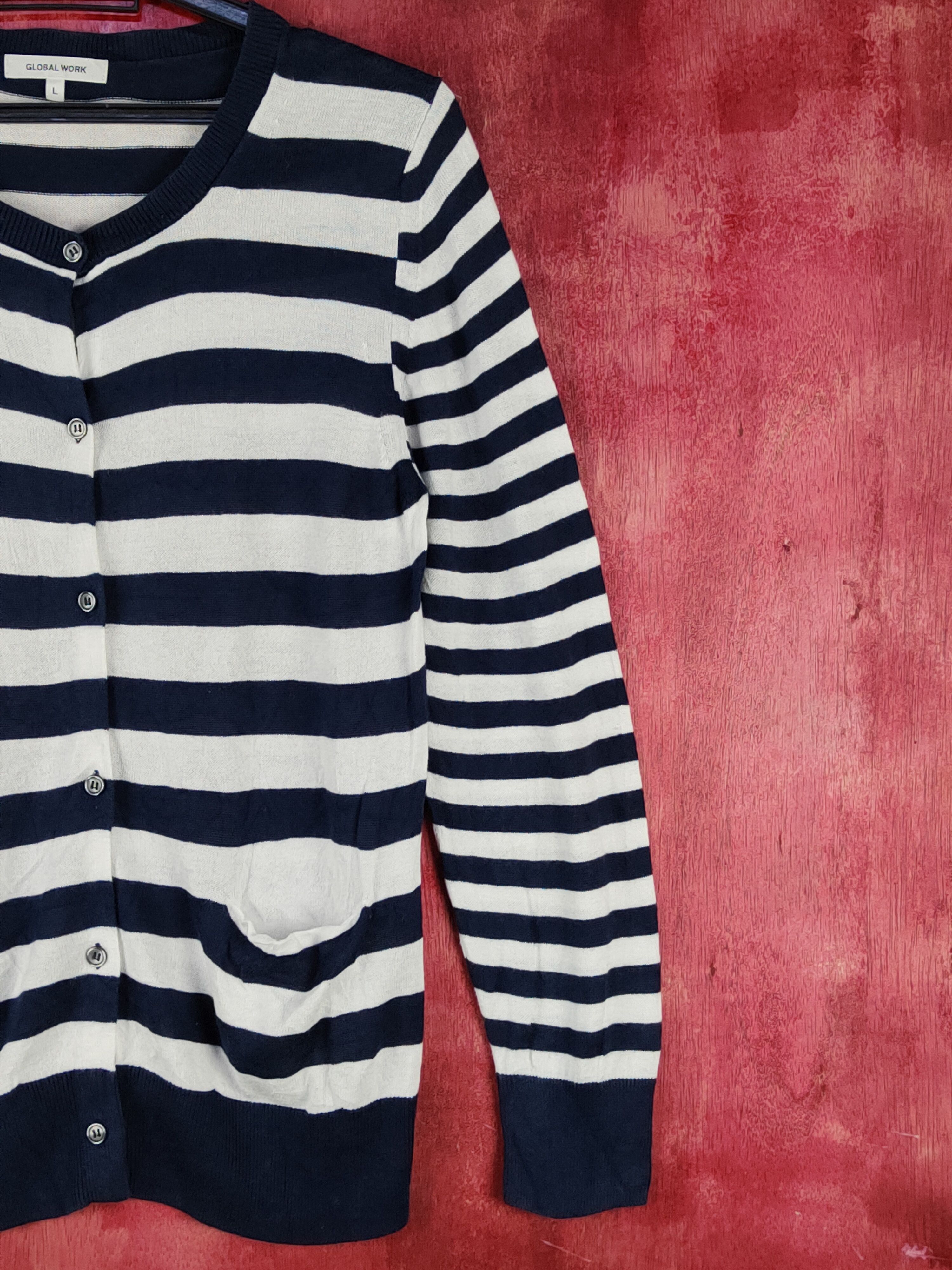 Global Work Global Work Dark Blue/White Stripe Knitwear Cardigan #S1065 Size L / US 10 / IT 46 - 5 Thumbnail