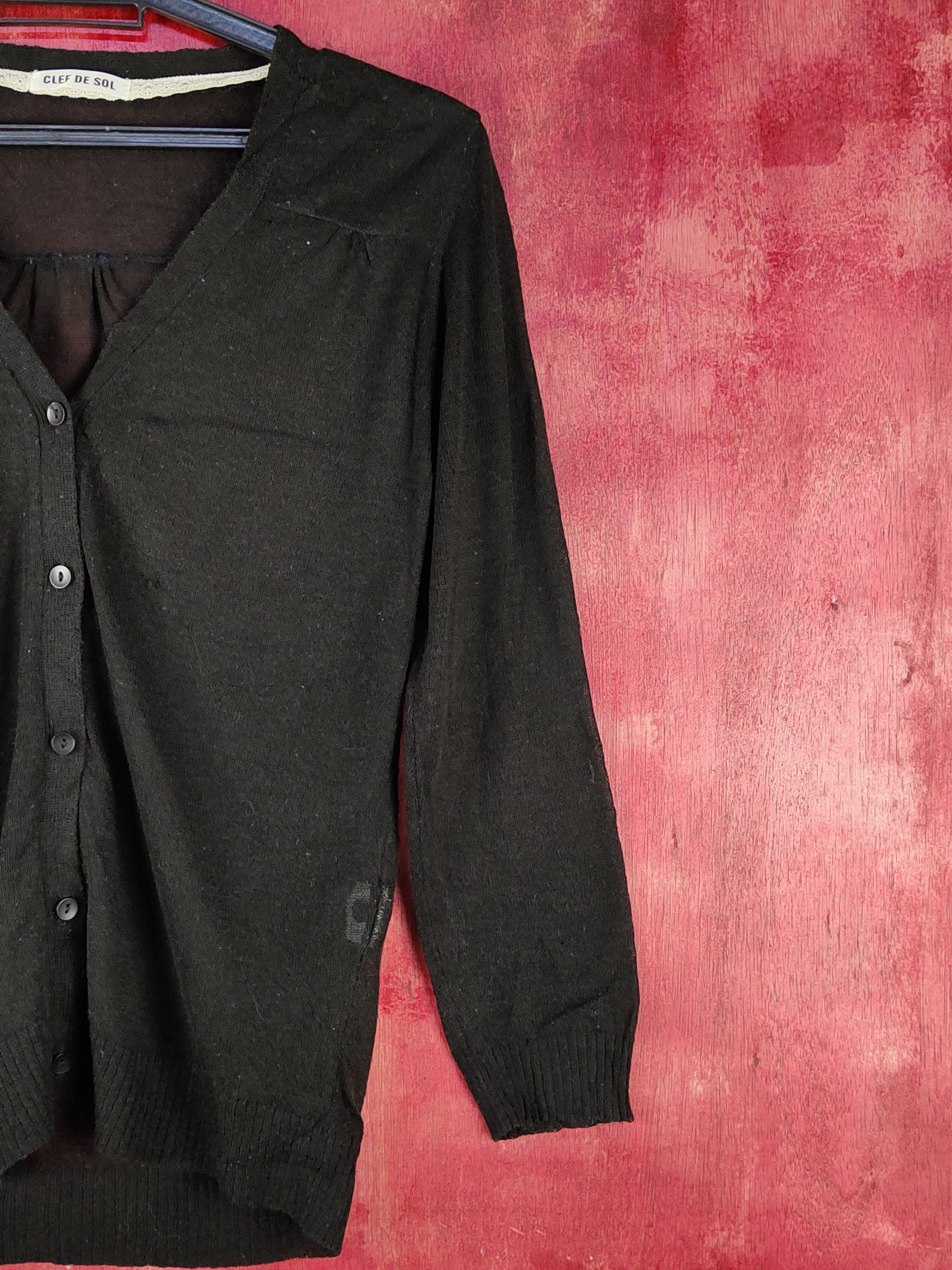 Japanese Brand Clef de Sol Black Crochet Meshnet Knitwear Cardigan #S1080 Size S / US 4 / IT 40 - 4 Thumbnail