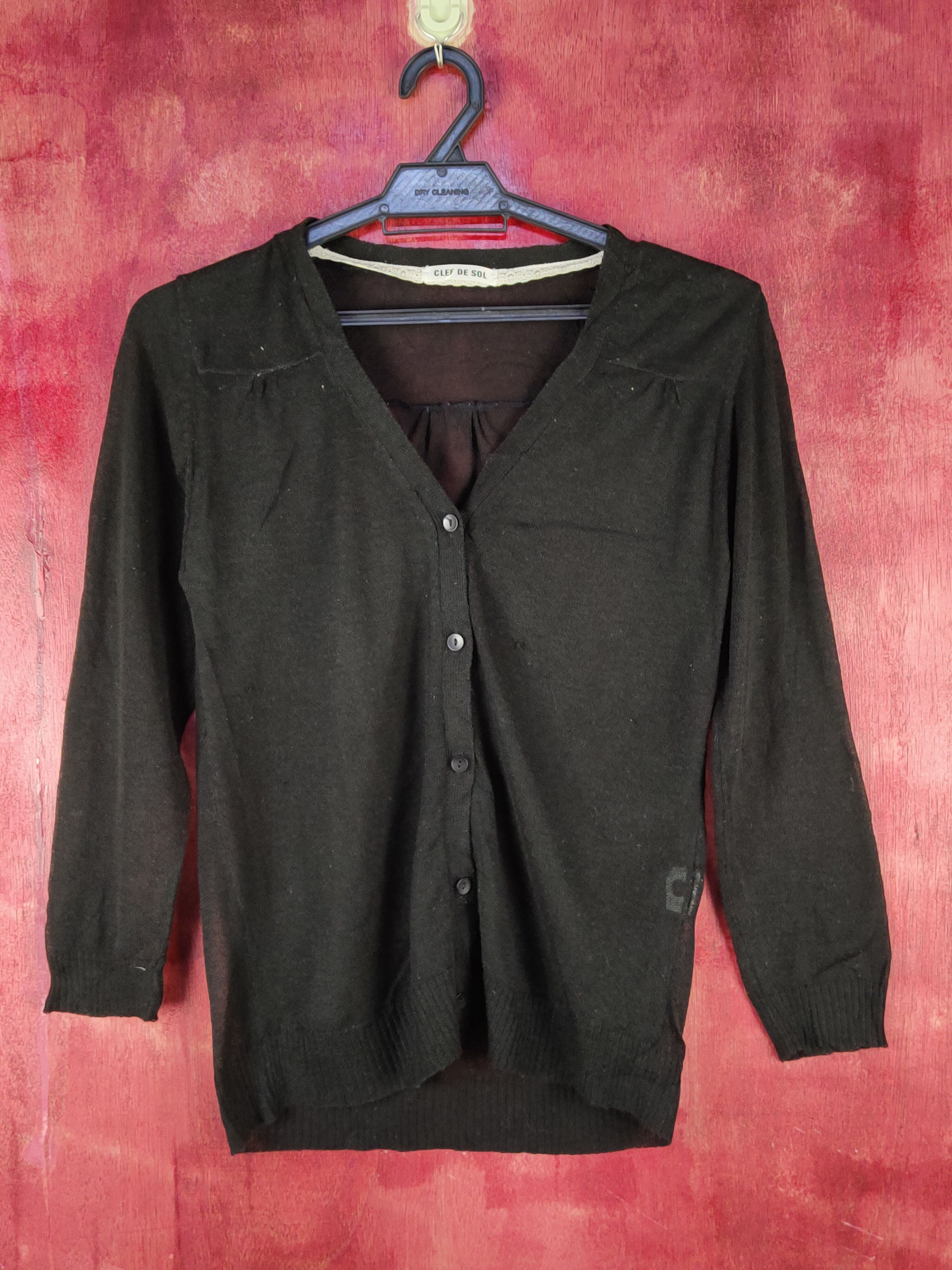 image of Clef De Sol Black Crochet Meshnet Knitwear Cardigan S1080, Women's (Size Small)