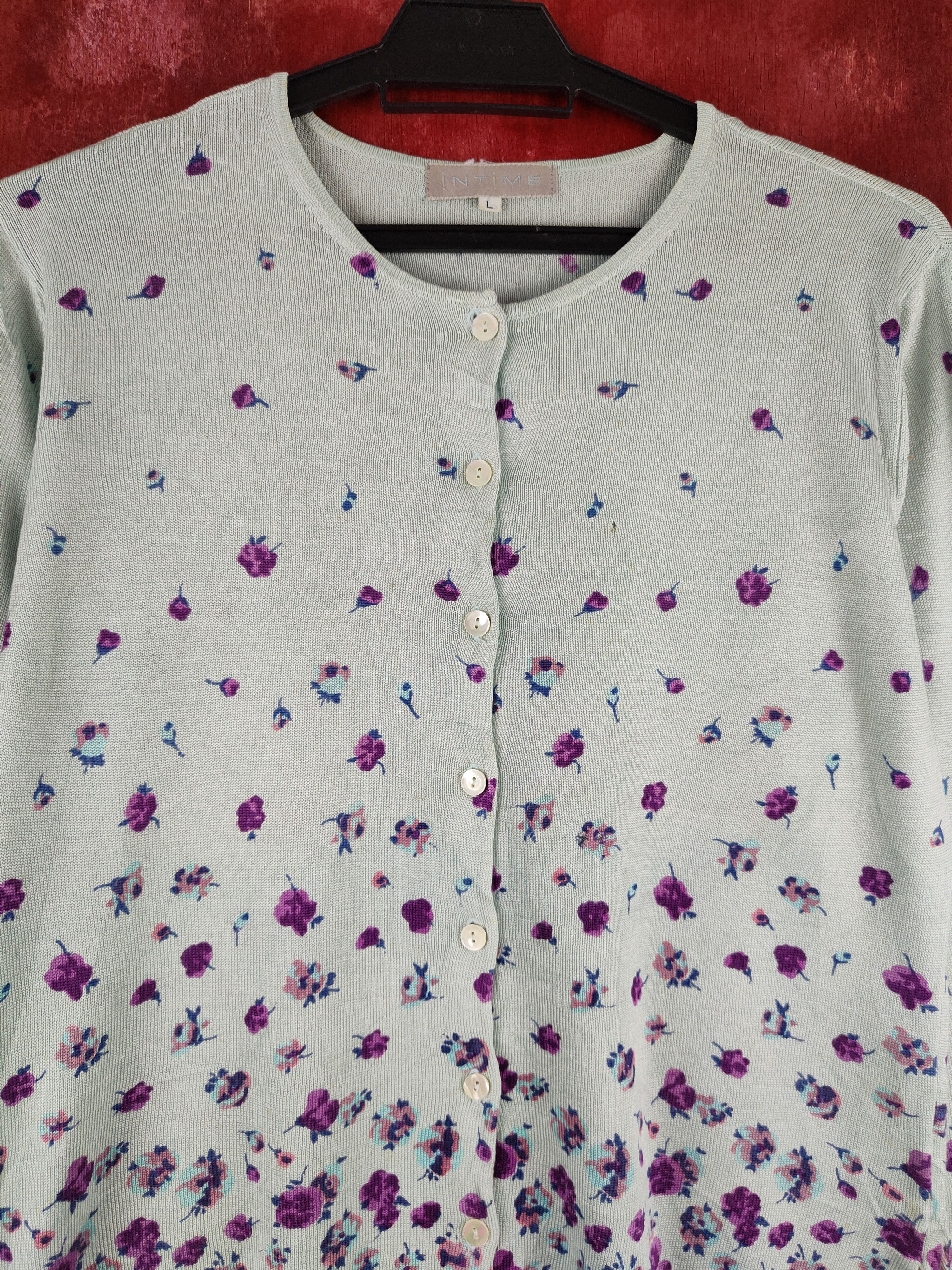 Japanese Brand × Vintage Intime Green/Purple Flowers Knitwear Cardigan #S1126 Size L / US 10 / IT 46 - 2 Thumbnail