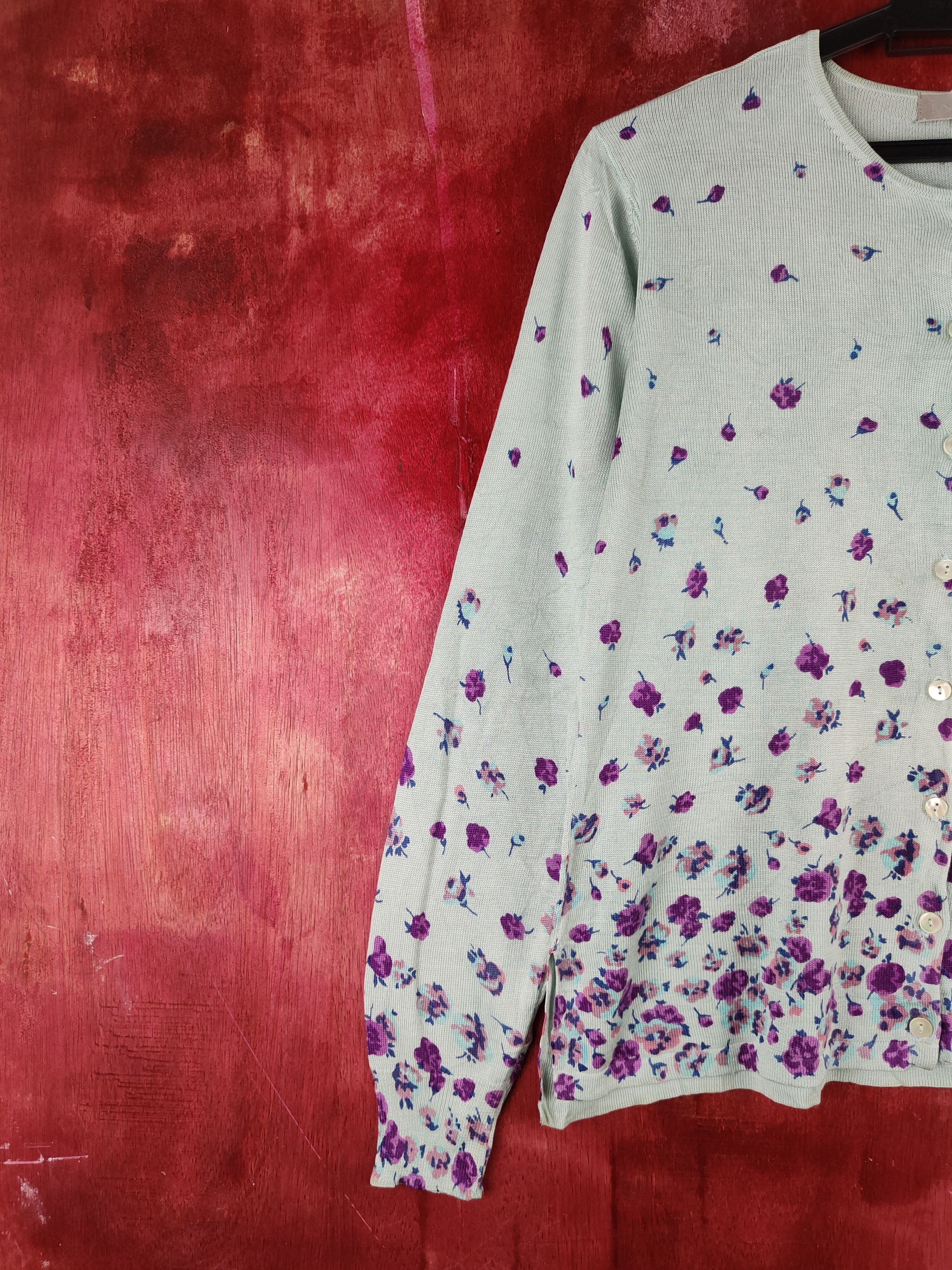 Japanese Brand × Vintage Intime Green/Purple Flowers Knitwear Cardigan #S1126 Size L / US 10 / IT 46 - 3 Thumbnail