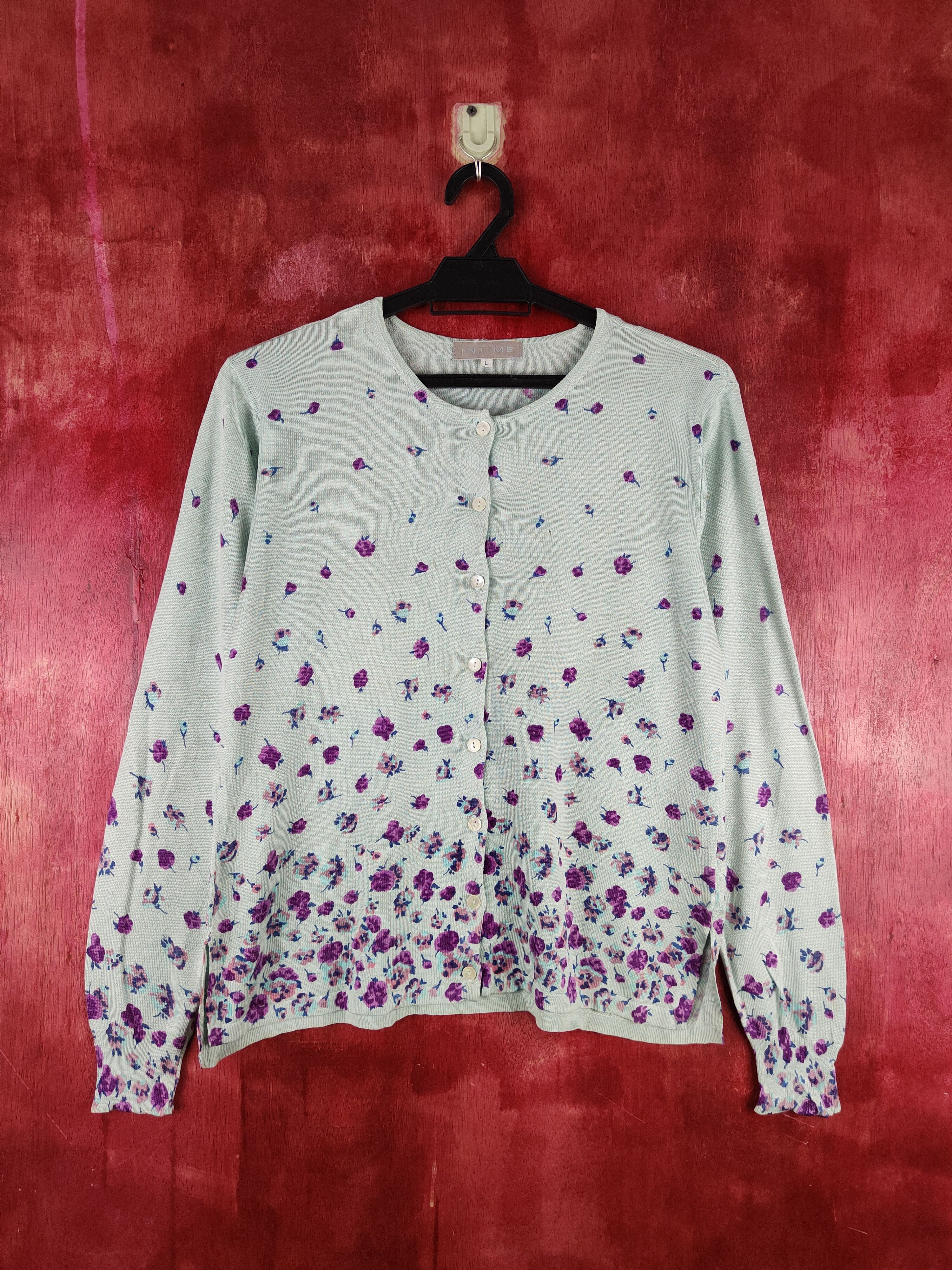 Japanese Brand × Vintage Intime Green/Purple Flowers Knitwear Cardigan #S1126 Size L / US 10 / IT 46 - 1 Thumbnail