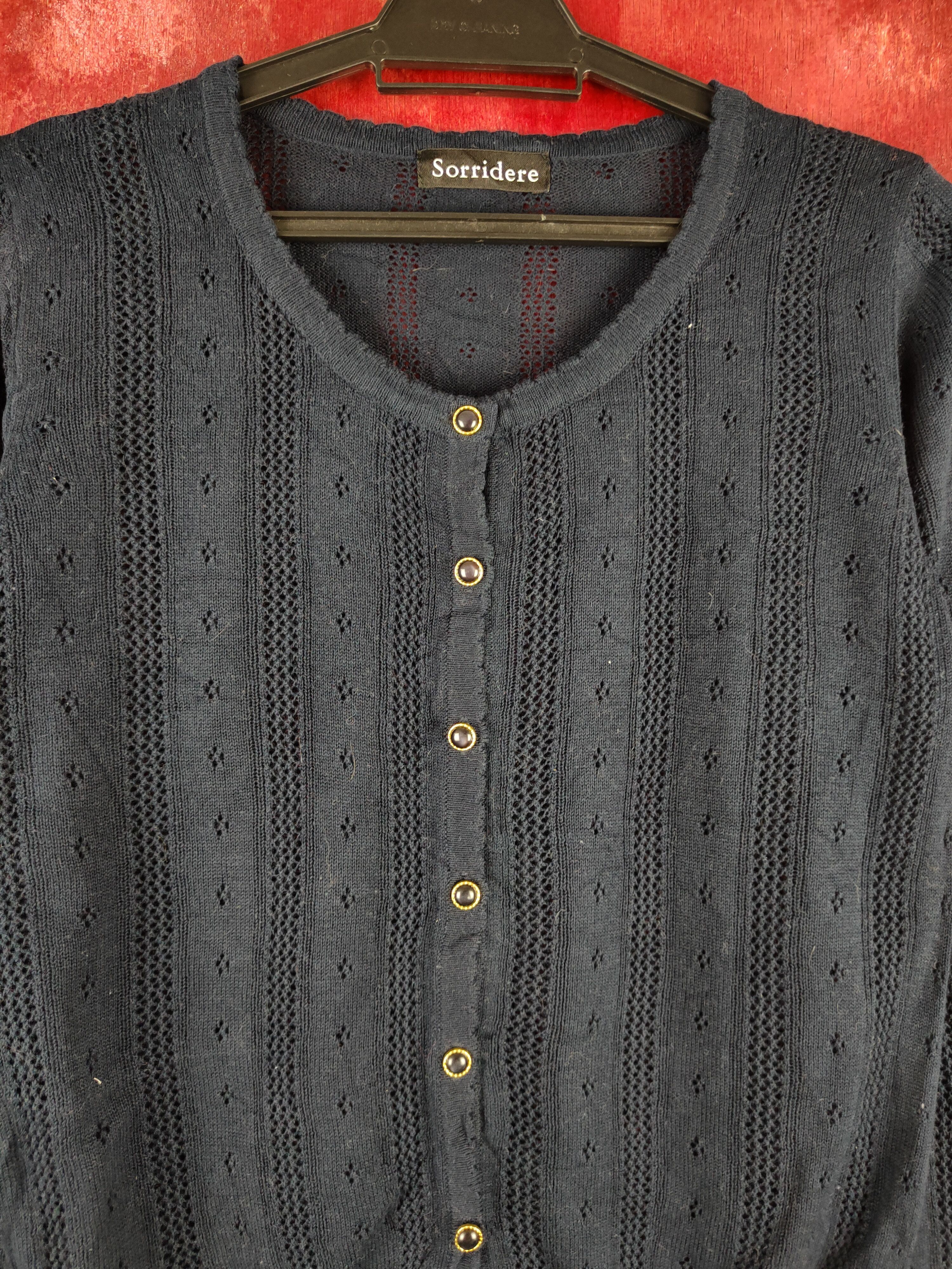 Japanese Brand Sorridere Navy Crochet Meshnet Knitwear Cardigan #S1138 Size M / US 6-8 / IT 42-44 - 2 Thumbnail
