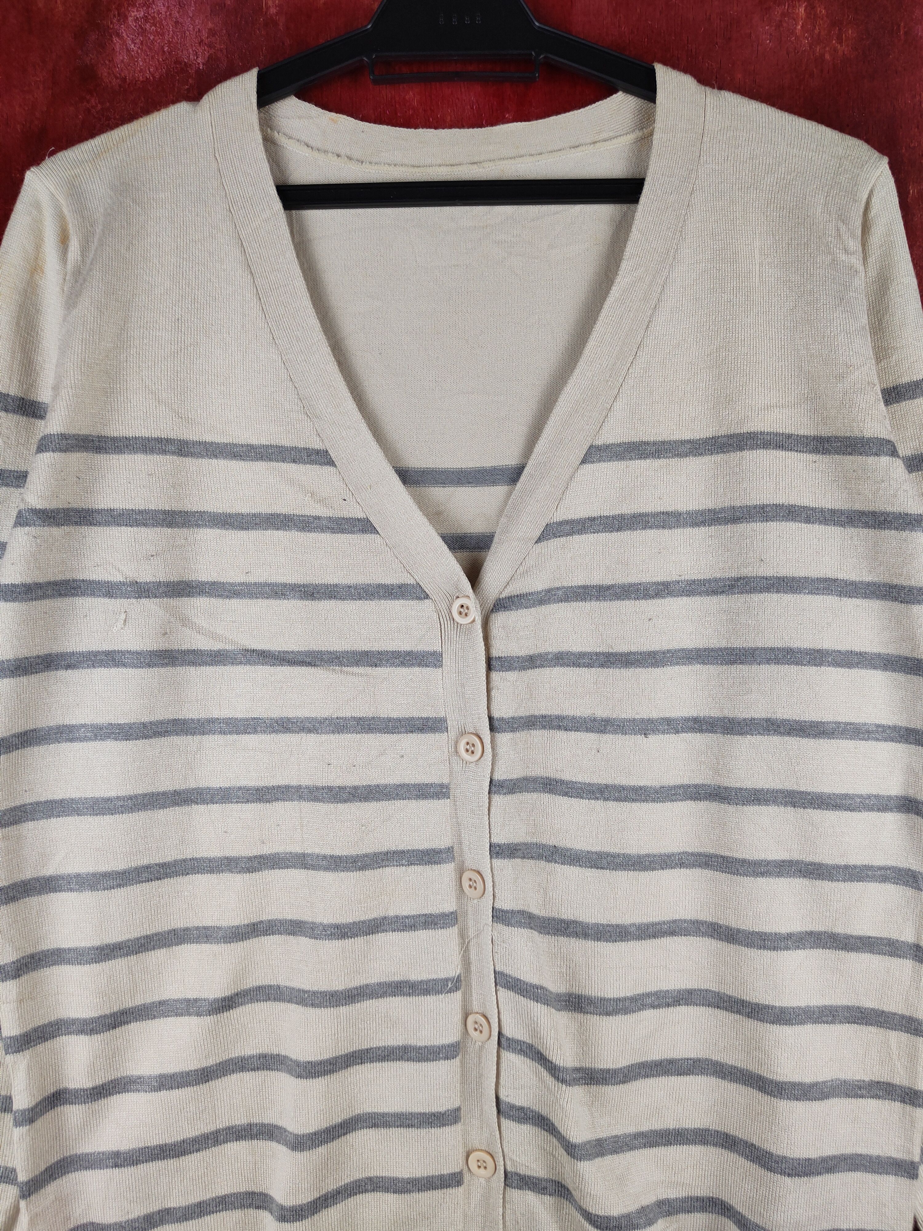 Japanese Brand Kürica Beige Gray Stripe Knitwear Cardigan #S1167 Size M / US 6-8 / IT 42-44 - 2 Thumbnail