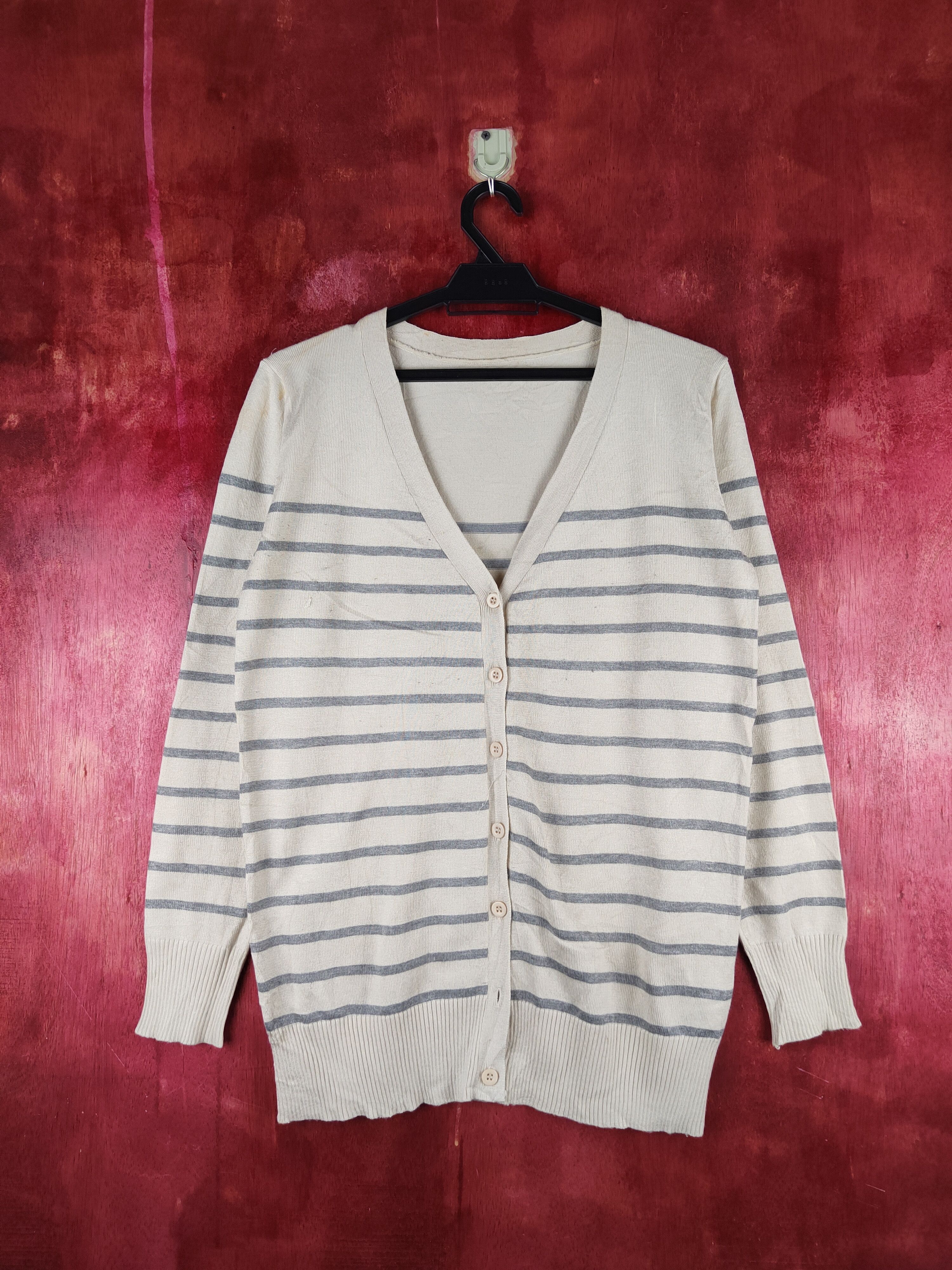 Japanese Brand Kürica Beige Gray Stripe Knitwear Cardigan #S1167 Size M / US 6-8 / IT 42-44 - 1 Thumbnail