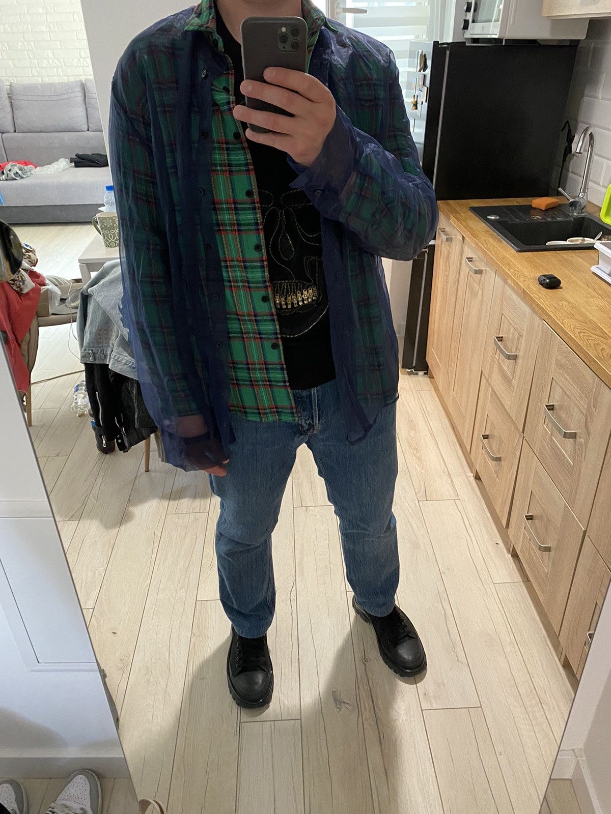 image of Alexander Wang Double Layered Plaid Checkered Shirt in Green Blue, Men's (Size Medium)