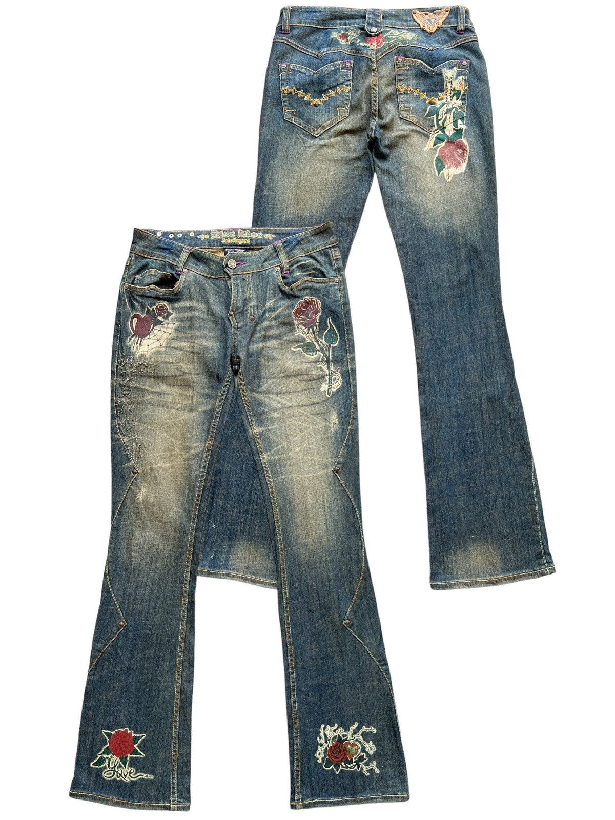 Vintage Gotchic Bones Mudwash Punk Flare Denim Jeans 28x33