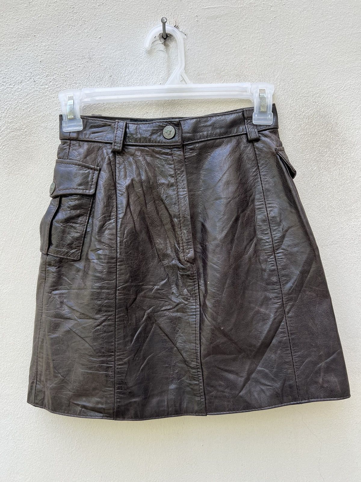 image of Vintage Versace Jeans Couture Patina Leather Mini Skirt, Women's (Size 23)